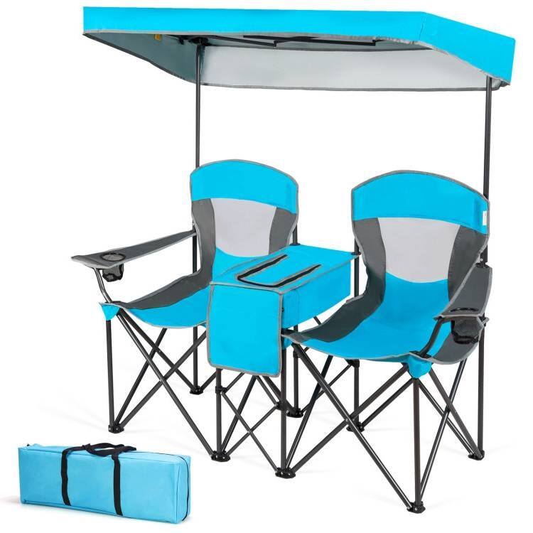 Front. SlickBlue - 2 Folding Canopy Chairs – Lightweight Outdoor Chairs with Cup Holder and Storage Pocket - Light Blue.
