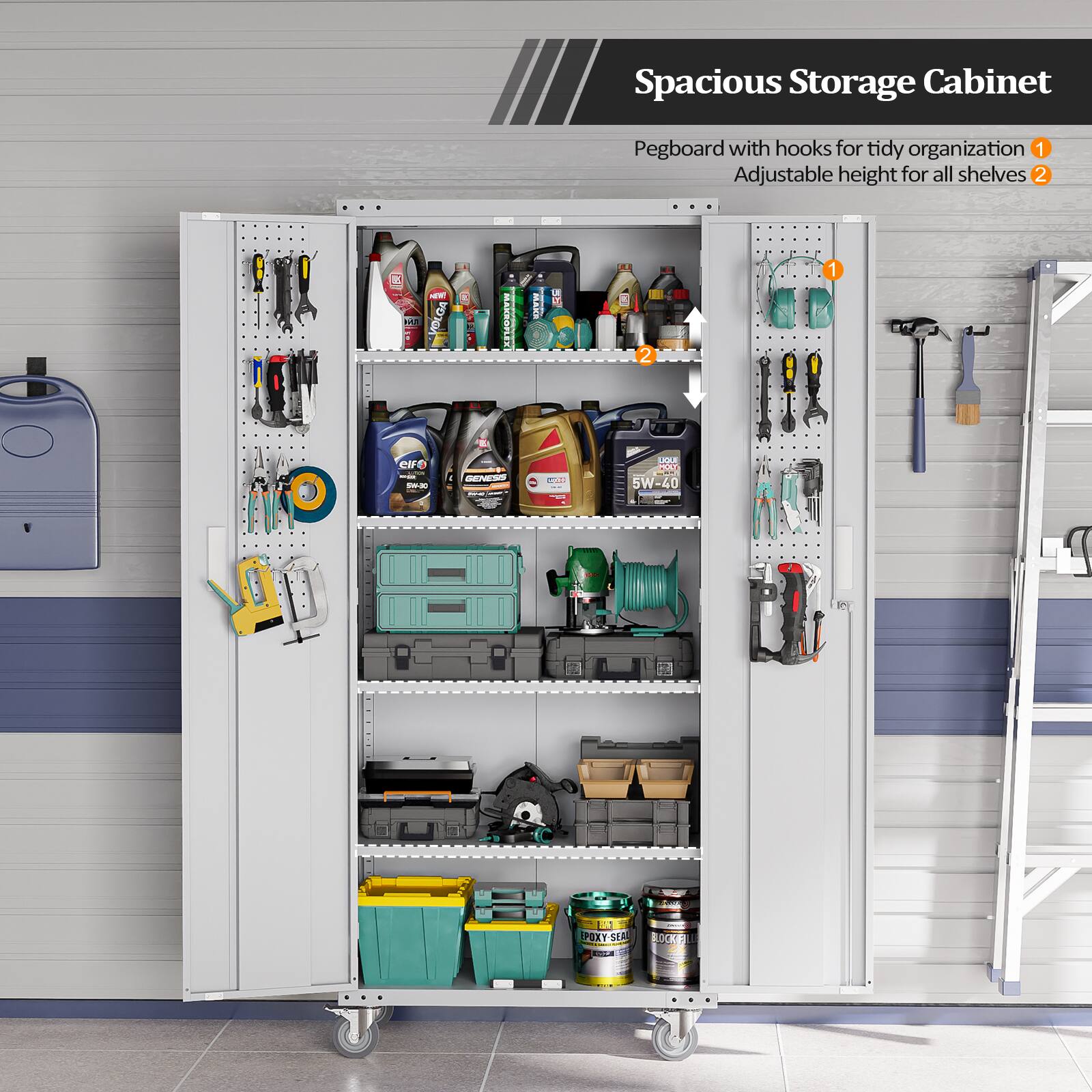 Spacious Storage Cabinet

1. Pegboard with hooks for tidy organization
2. Adjustable height for all shelves