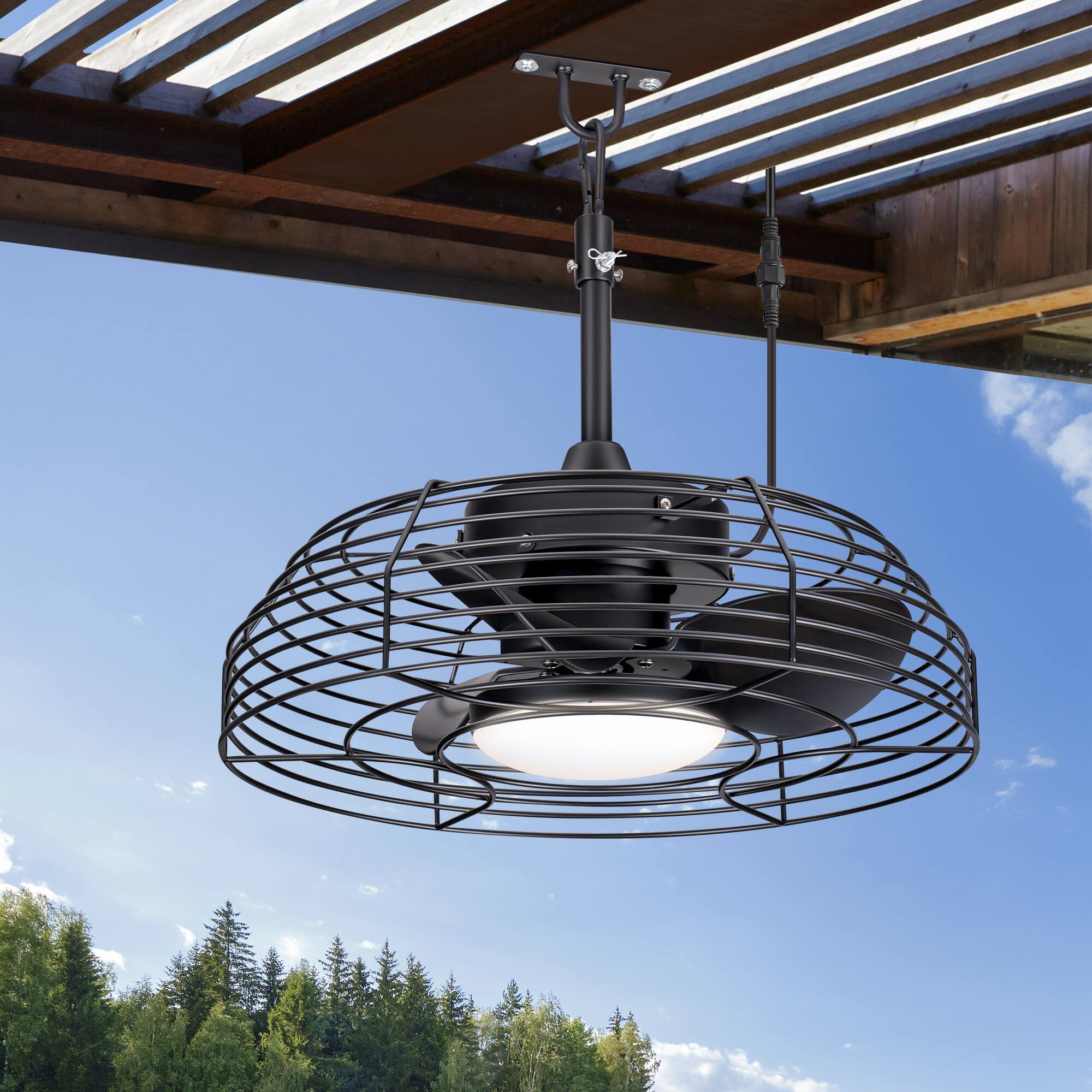 Alt View 8. Breezary - 19-Inch Waterproof Ceiling Fan with LED Light, 3 ABS Blades, DC Motor, 6 Speeds, Long Cord and Remote Control - All Black(Plug-in).