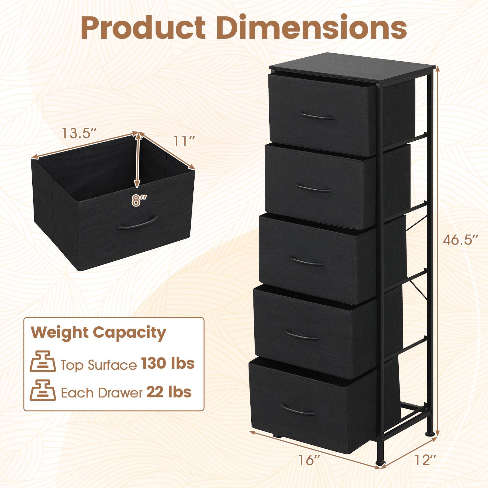 Product Dimensions  
13.5"  
11"  
8"  
46.5"  
16"  
12"  

Weight Capacity  
Top Surface 130 lbs  
Each Drawer 22 lbs