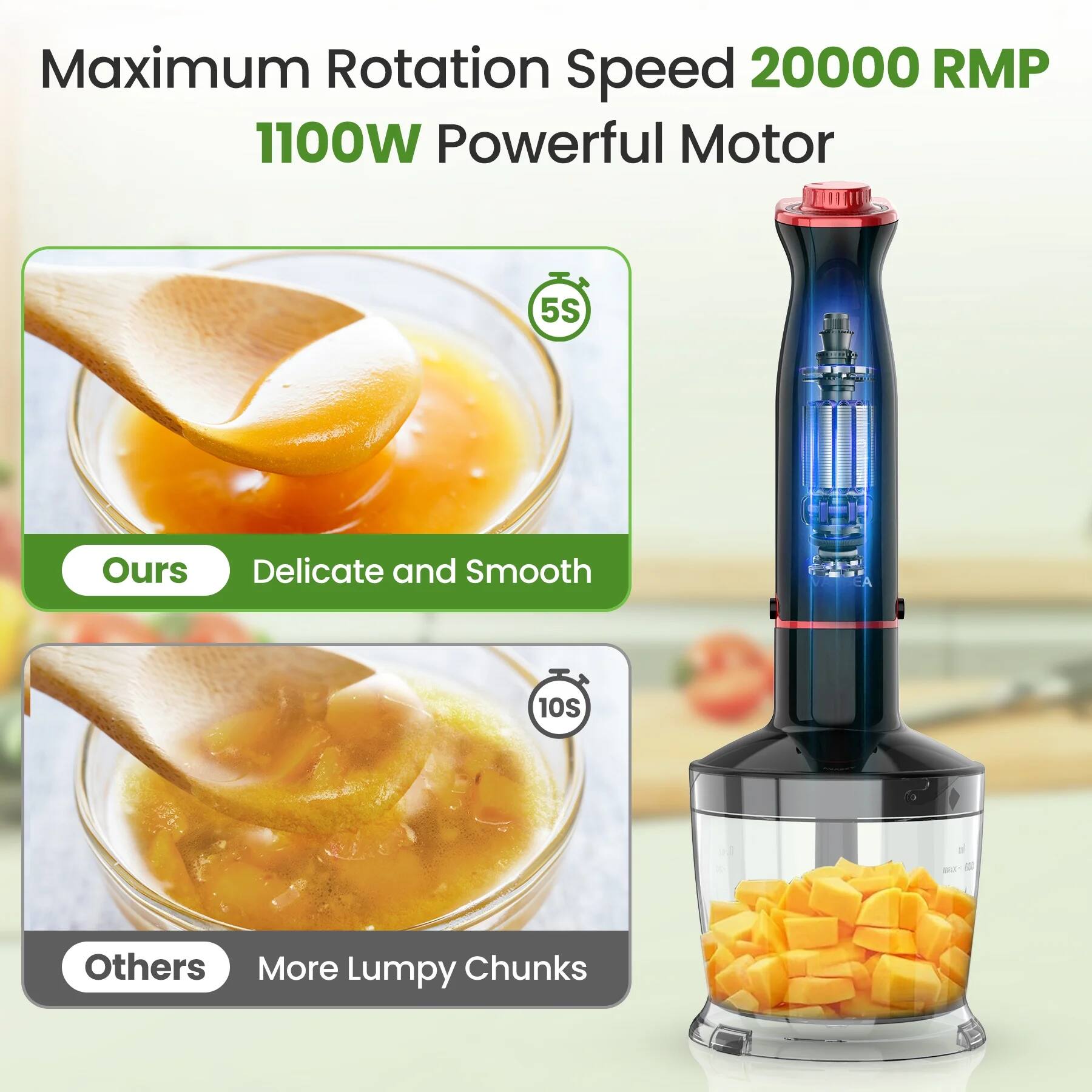 Maximum Rotation Speed 20000 RPM  
1100W Powerful Motor  

Ours  
5S  
Delicate and Smooth  

Others  
10S  
More Lumpy Chunks