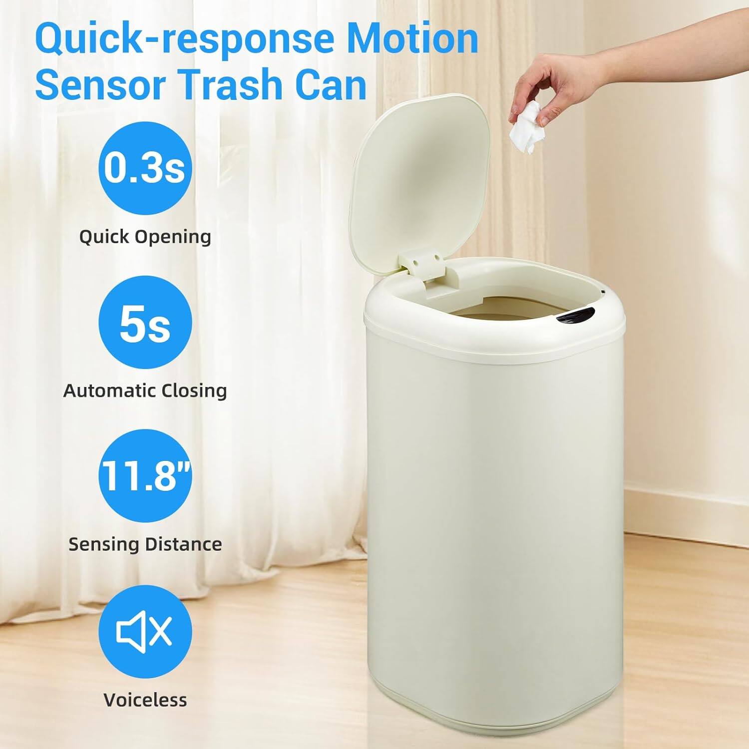 Quick-response Motion Sensor Trash Can

- 0.3s Quick Opening
- 5s Automatic Closing
- 11.8" Sensing Distance
- Voiceless