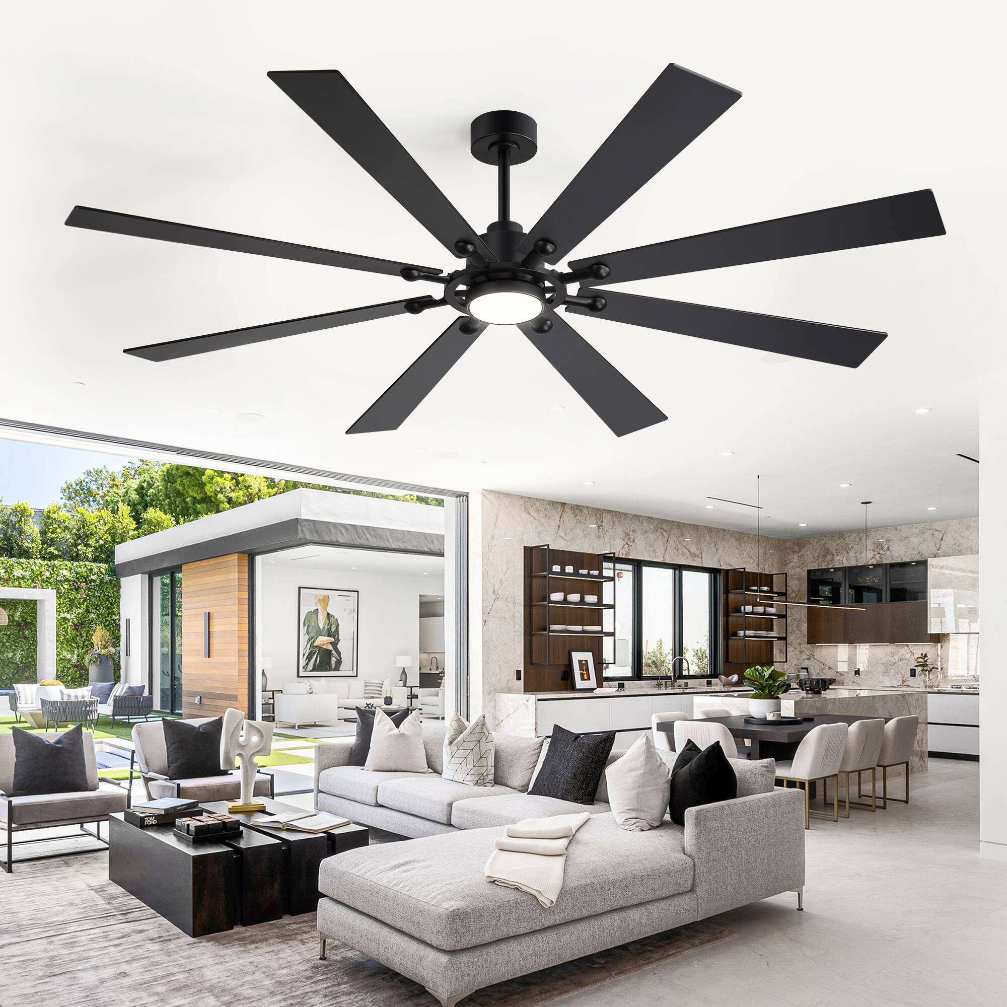 Left. Breezary - 72-Inch LED Ceiling Fan, 8 Blades, 22W DC Motor, 3 Color Temperatures, Remote Control, 6 Speed Settings, 6"&10" Downrods - 72-inch Black.