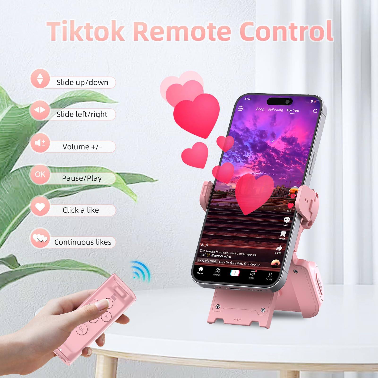 Sure, here is the corrected and grouped text from the image:

---

**Tiktok Remote Control**

- Slide up/down
- Slide left/right
- Volume +/- 
- Pause/Play
- Click a like
- Continuous likes

---

**On the Phone Screen:**

- Shop
- Following
- For You
- The sunset is so beautiful! I miss you so much! #suneet #gp
- Apple Music Let Her Go, Ed Sheeran
- 4:18
- 15K
- 996
- 1.4K
- 10

---