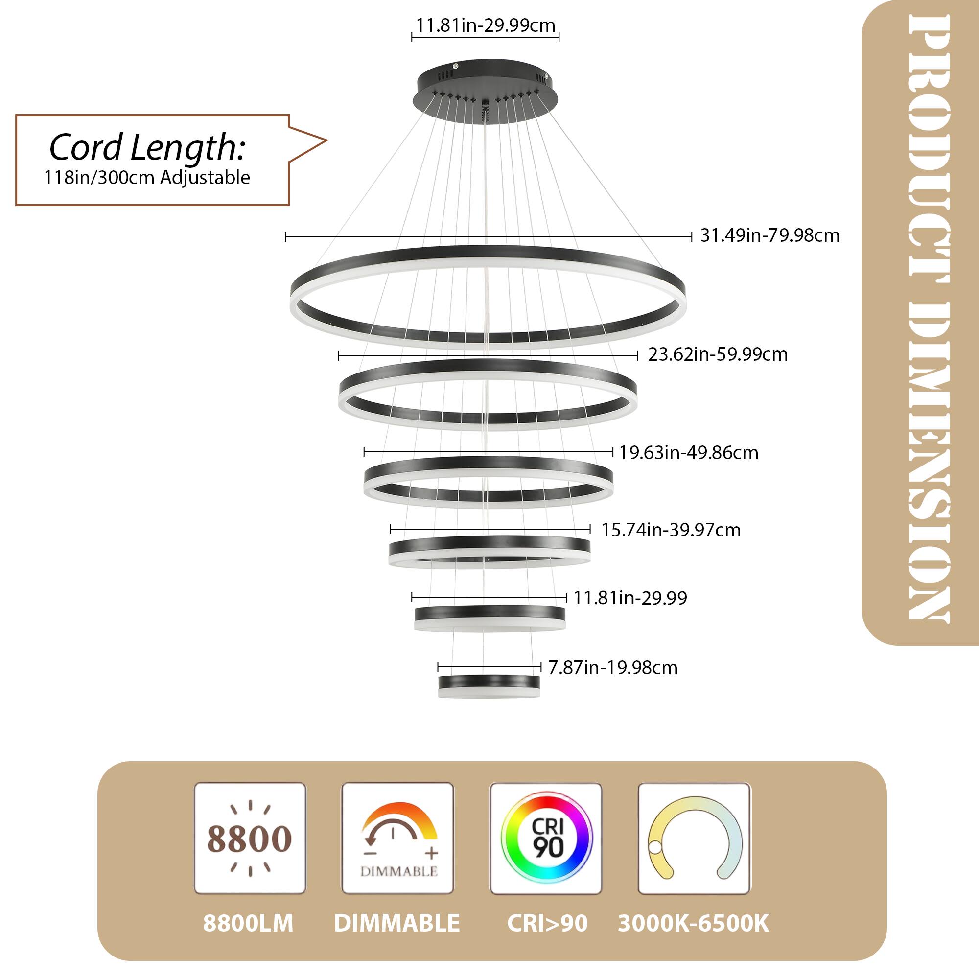 Cord Length: 118in/300cm Adjustable

PRODUCT DIMENSION

8800LM DIMMABLE CRI>90 3000K-6500K