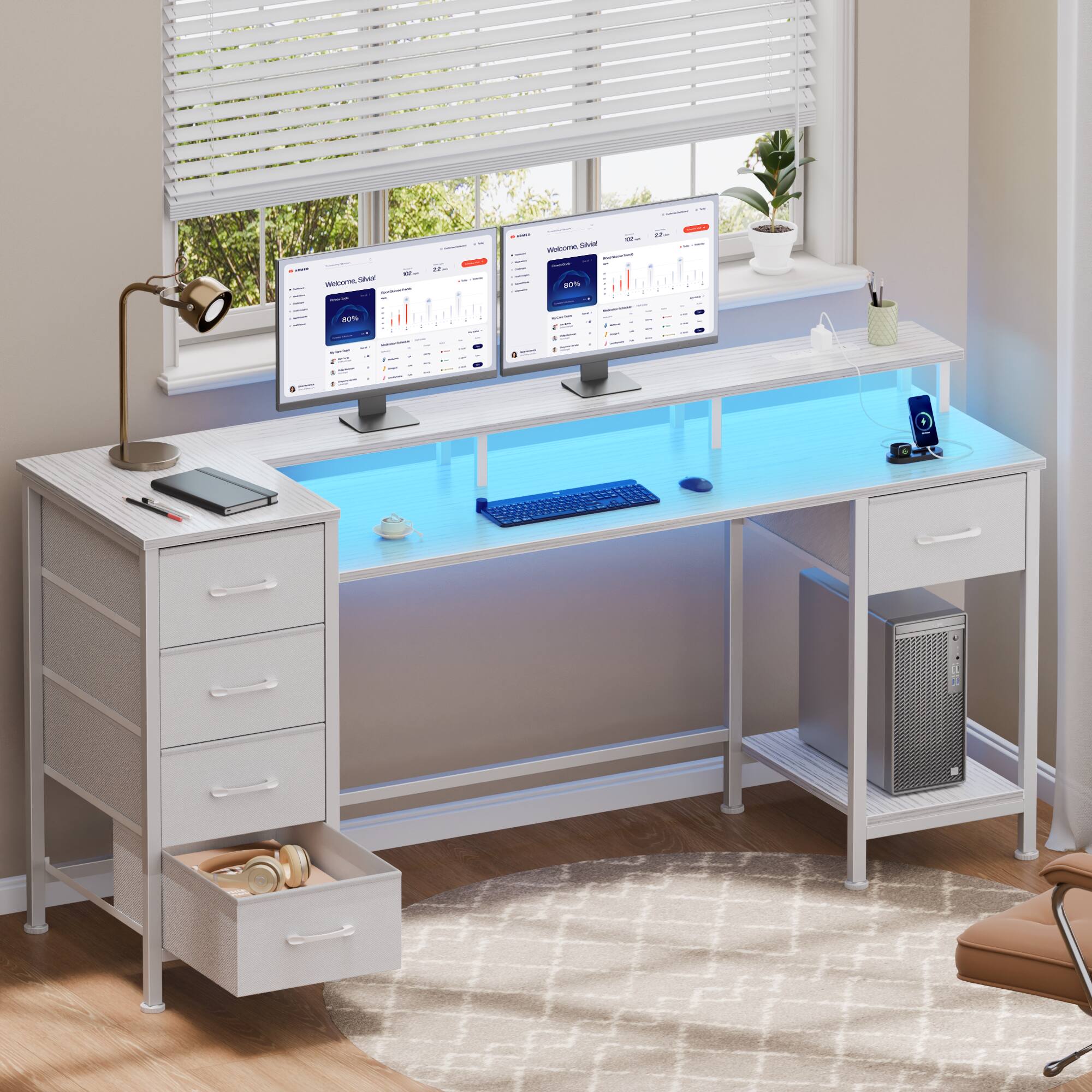 Front. Furologee - Computer Desk with Monitor Stand & Charging Station  Gaming Desk with LED Lights & Drawers - White.