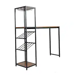 Flash Furniture - Jura Metal Bar and Wine Table with 2 Slanted Shelves for Bottle Storage and Hanging Glass Storage, Frame with Waln - Black