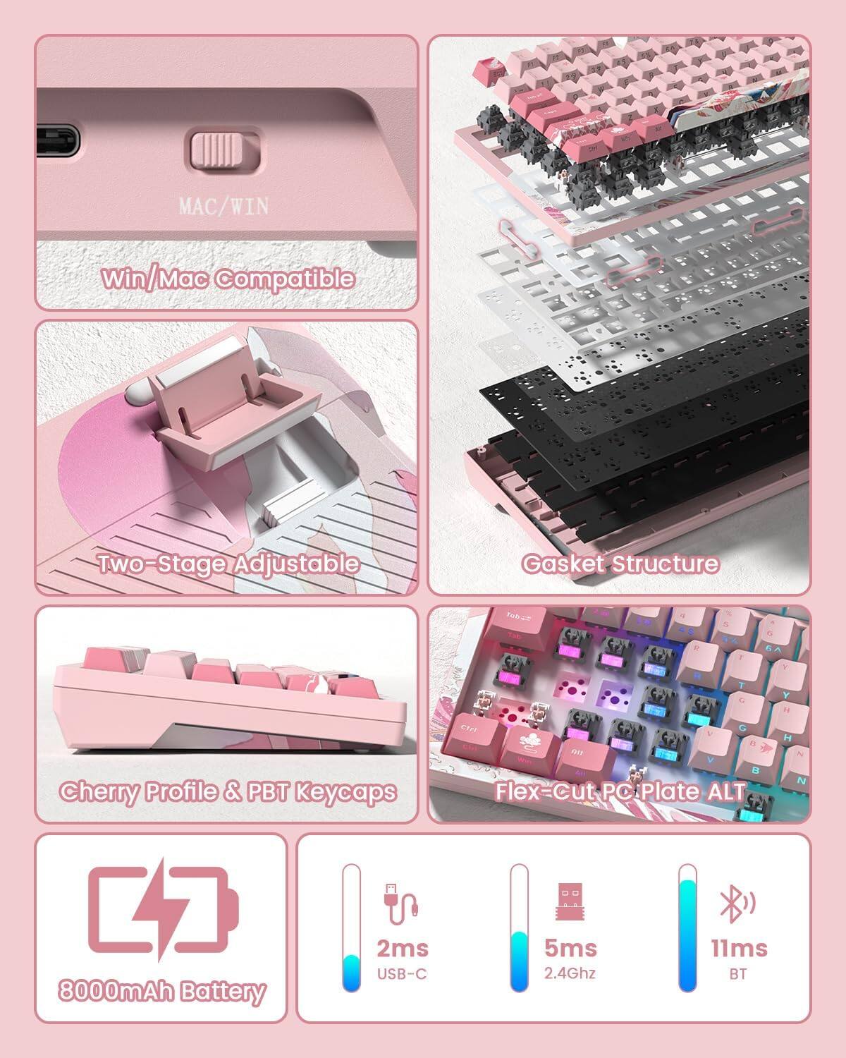 MAC/WIN Win/Mac Compatible Two-Stage Adjustable Gasket Structure Tob25 V H Cfer a cherry Profile & PBT Keycaps Flex-Cut PC Plate ALT N 8000mAh Battery 2ms USB-C 5ms 2.4Ghz 11ms BT