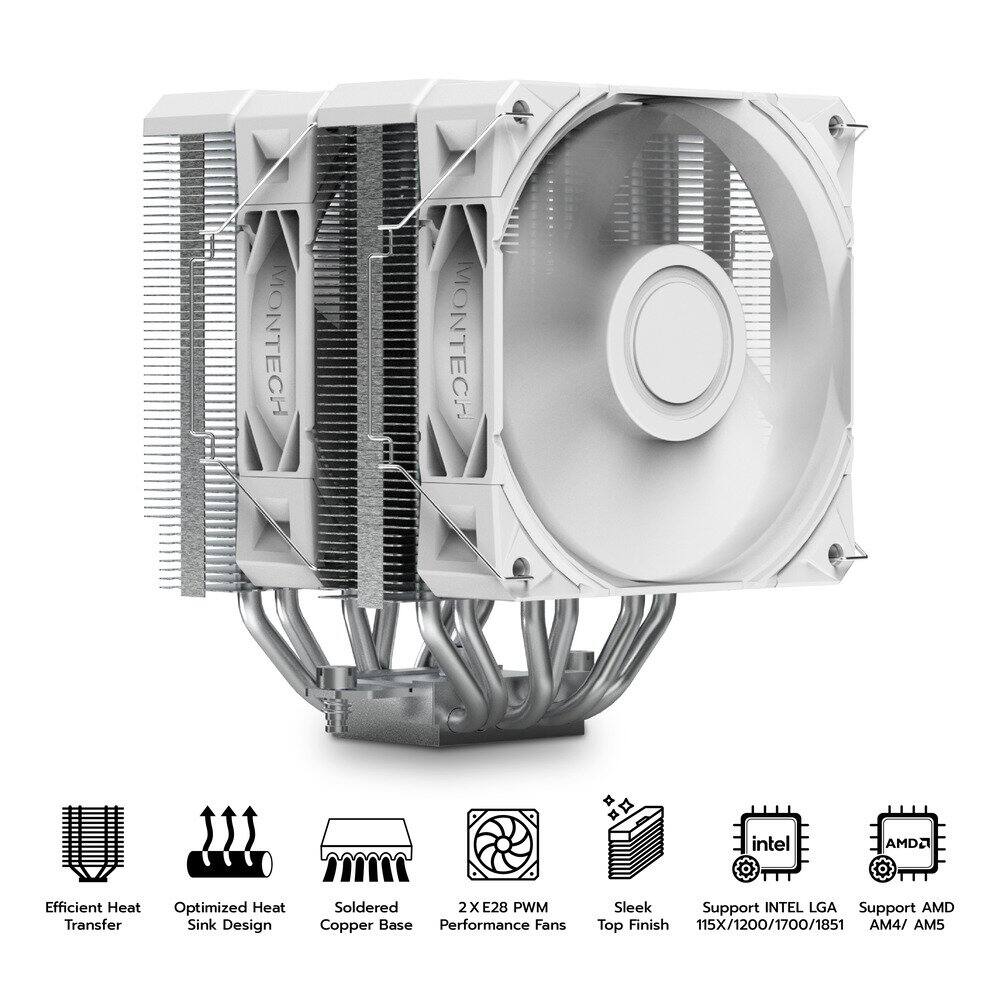 MONTECH  
- Efficient Heat Transfer  
- Optimized Heat Sink Design  
- Soldered Copper Base  
- 2X E28 PWM Performance Fans  
- Sleek Top Finish  
- Support INTEL LGA 115X/1200/1700/1851  
- Support AMD AM4/AM5