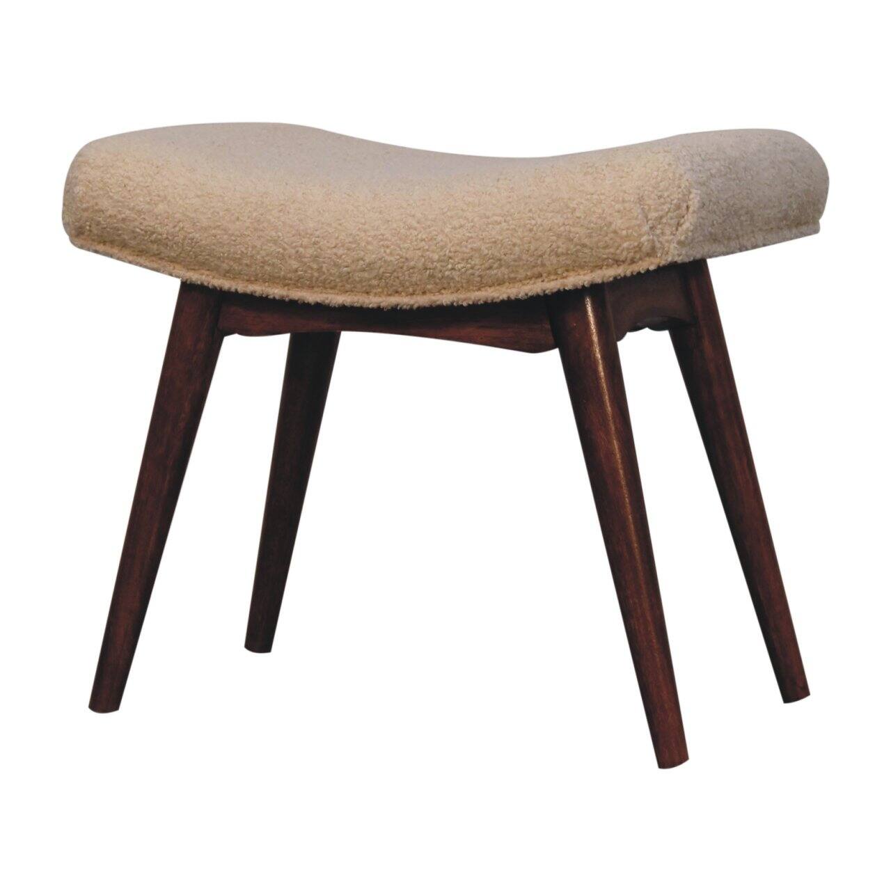 Left. Artisan Furniture - Artisan Furniture Solid Wood Honey Caramel Boucle Cream Curved Bench, Upholstered, Brown and Cream - Brown and Cream.