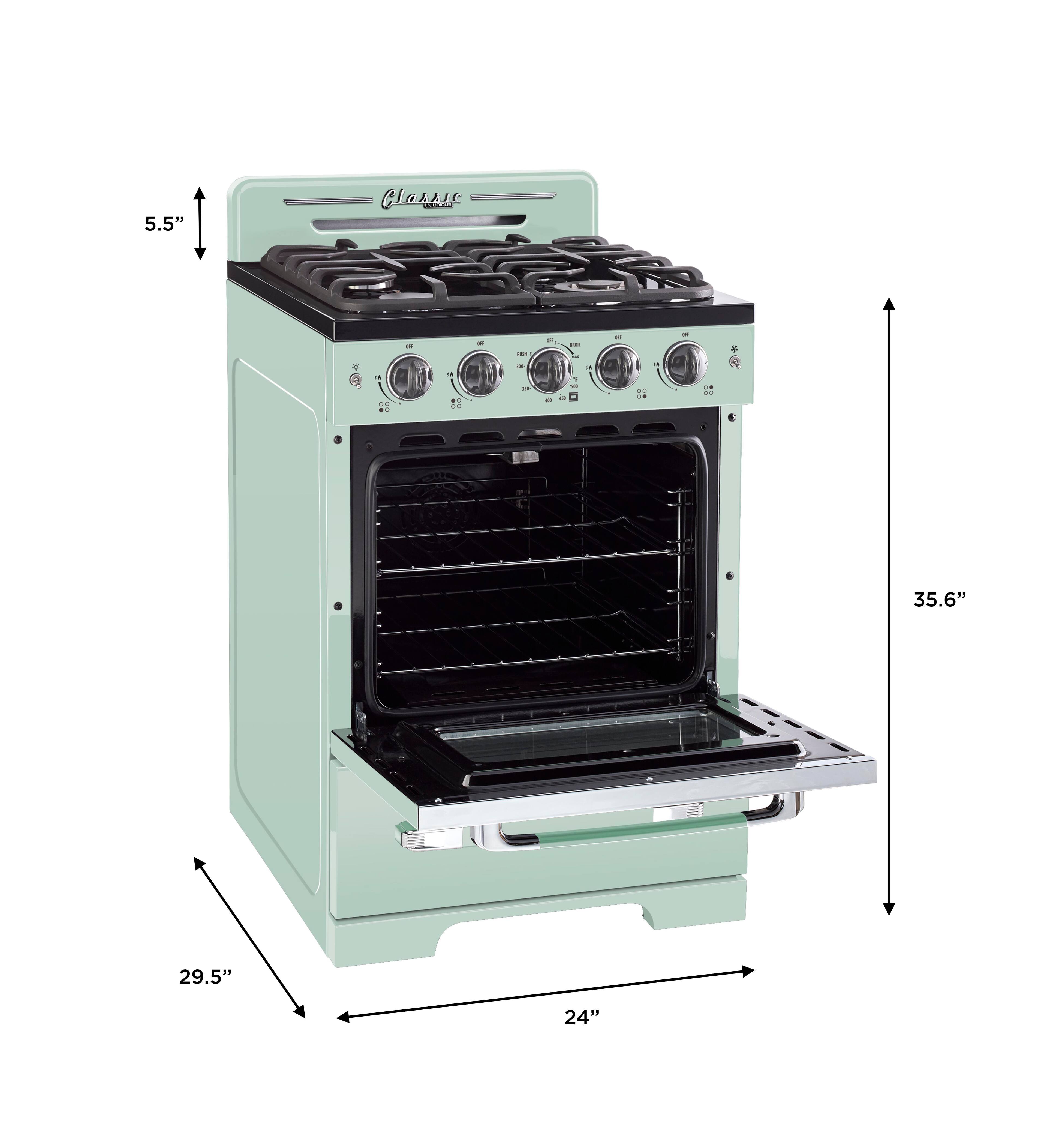 The text on the image reads: "5.5" Glassic V - - 12 a 35.6" 29.5" 24". This text is grouped and corrected as follows:
"5.5" Glassic V - - 12 a 35.6" 29.5" 24"
This text describes the dimensions of a stove, with the dimensions being 5.5 inches for the glassic V, 12 inches for the width, 35.6 inches for the height, 29.5 inches for the depth, and 24 inches for the oven door.