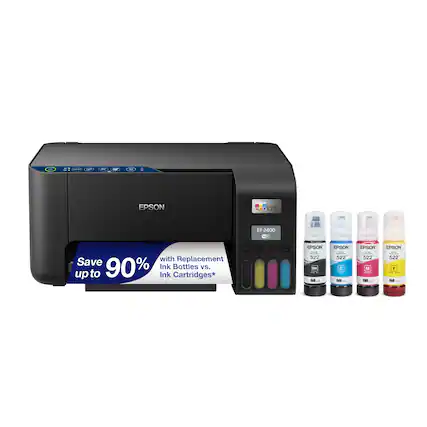 EPSON ET-2400 EcoTank with Replacement Ink Bottles vs. up to 90% Ink Cartridges* Save up to 90% on ink with Epson EcoTank ET-2400.