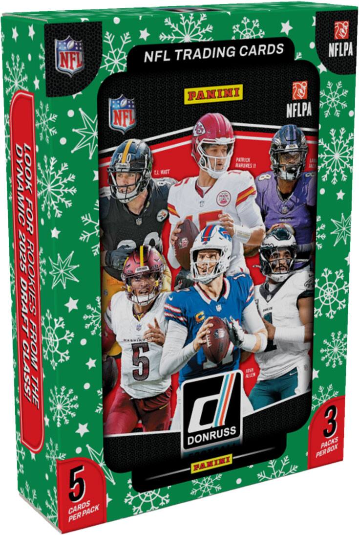 NFL Trading Cards  
Panini  
Dynamic Look for 2025 Draft Rookies Class!  
From the Panini NFLPA  
5 Cards per Pack  
3 Packs per Box  
Patrick Mahomes II  
T.L. Watt  
Patrick Allen  
Donruss  
NFLPA