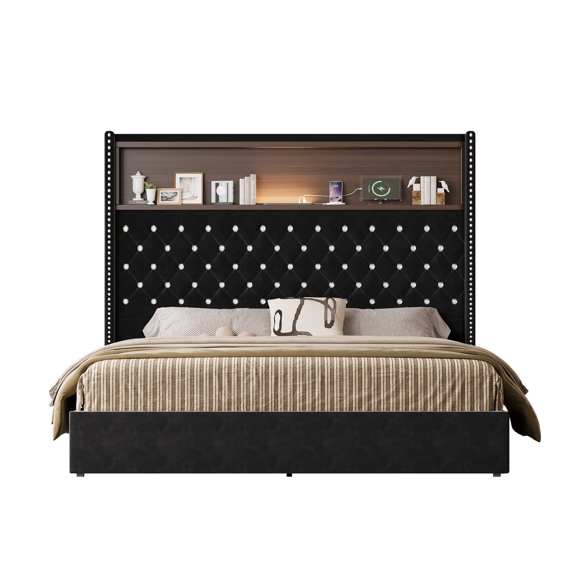 Alt View 5. GOODSILO - Luxurious Queen Size Velvet Tufted Bed Frame with USB Port and Night Light, High Headboard Platform Bed - Black.