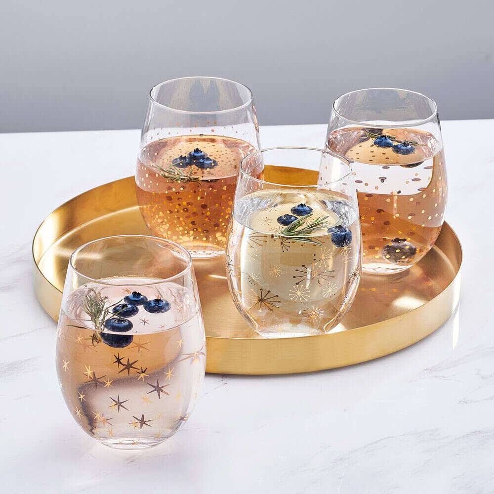 Angle. Mikasa - Party 18oz Stemless Wine Glasses, Set of 4 - Decorative.