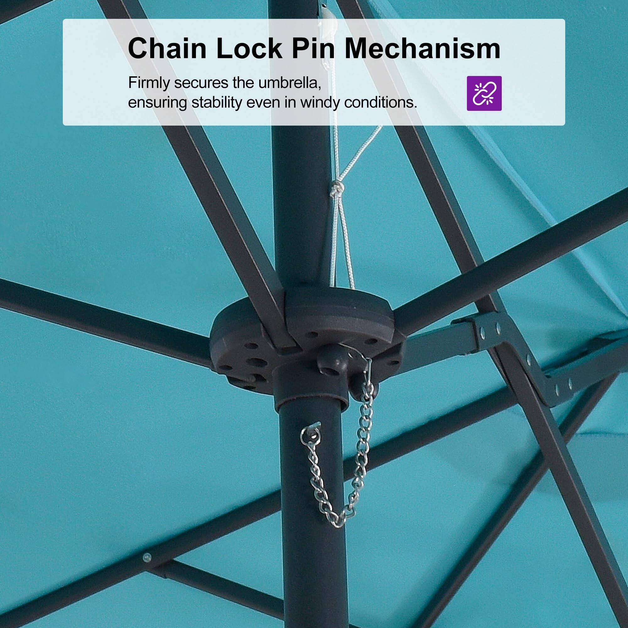 Chain Lock Pin Mechanism  
Firmly secures the umbrella, ensuring stability even in windy conditions.