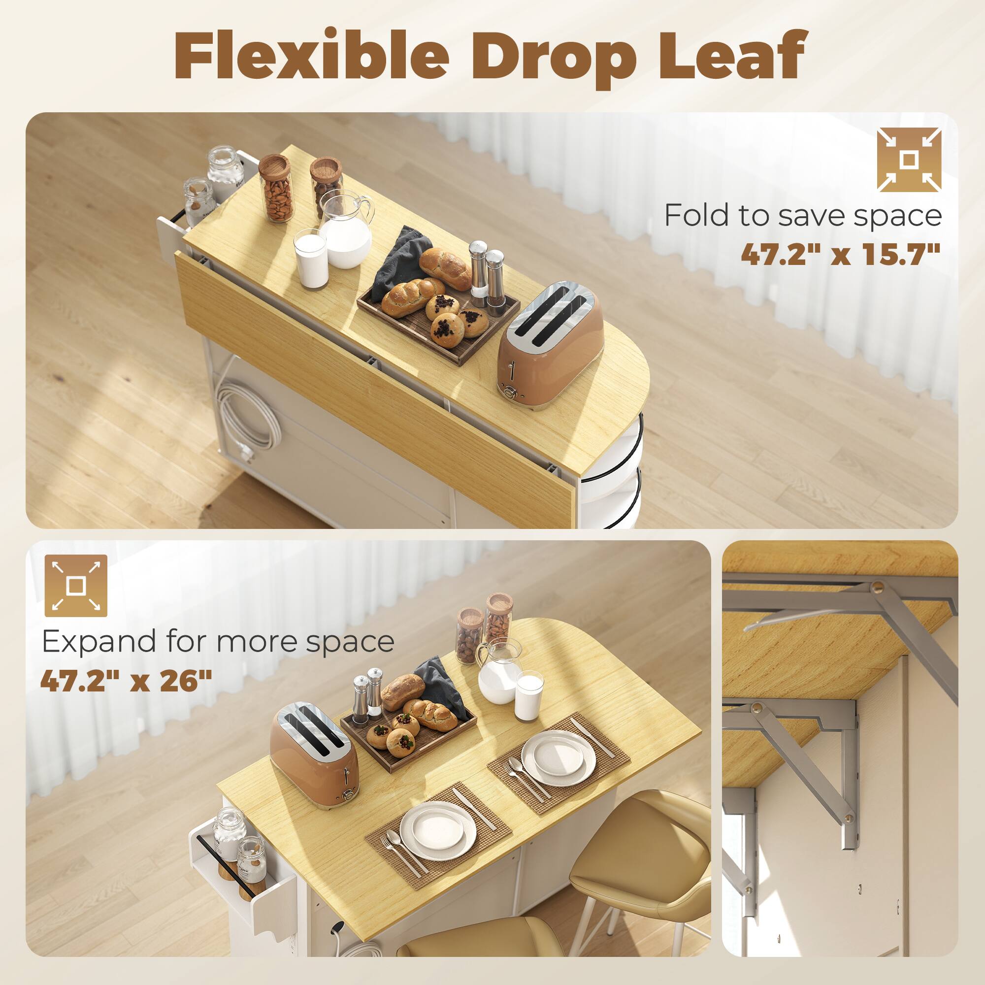 Flexible Drop Leaf

Fold to save space  
47.2" x 15.7"

Expand for more space  
47.2" x 26"