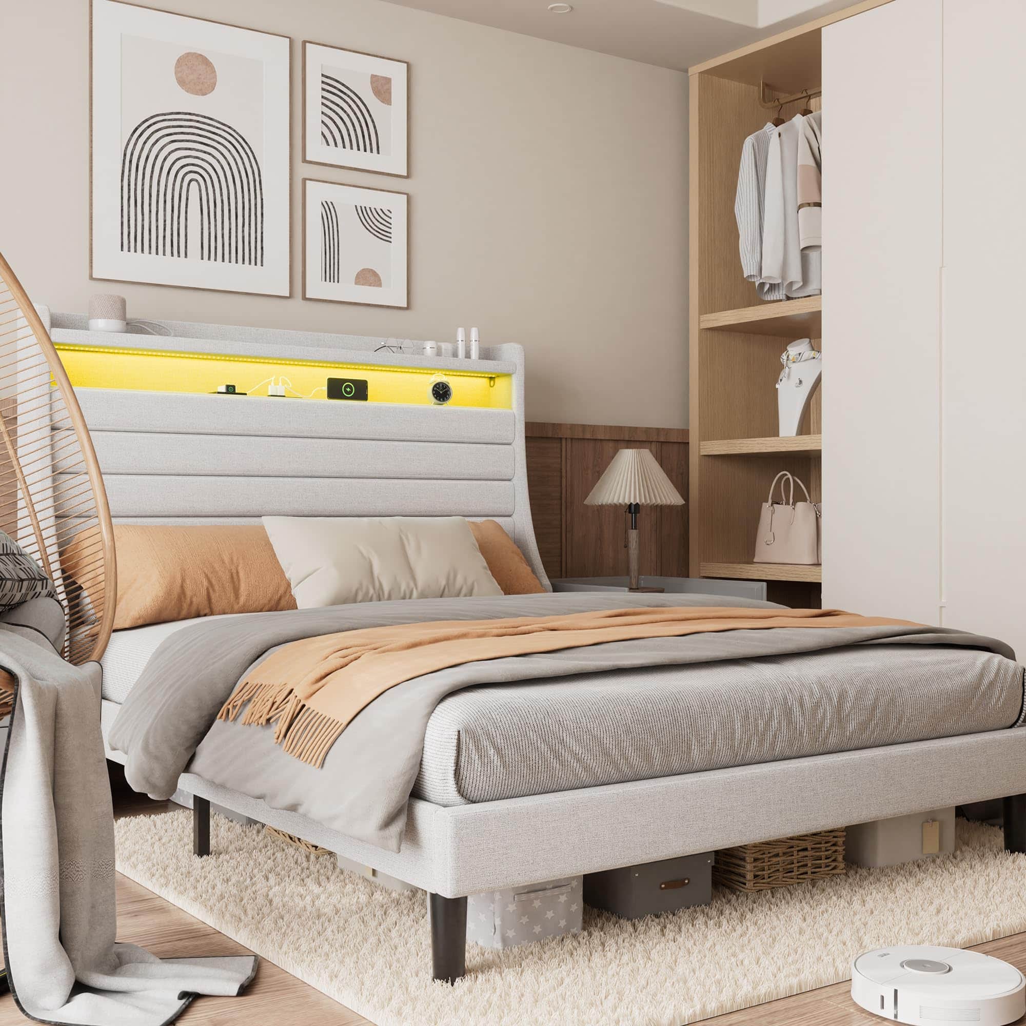 Homhougo - Queen Bed Frame with USB Charging Station & LED Lights - Beige