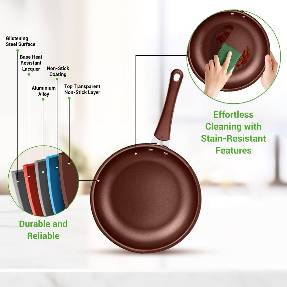 Glistening Steel Surface  
Base Heat Resistant Lacquer  
Non-Stick Coating  
Aluminium Alloy  
Top Transparent Non-Stick Layer  

Effortless Cleaning with Stain-Resistant Features  

Durable and Reliable