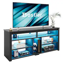 Bestier - 55-inch Tall LED TV Stand for 55-65 Inch TVs, 4-Tier Storage & Adjustable Acrylic Shelves - Black Carbon Fiber
