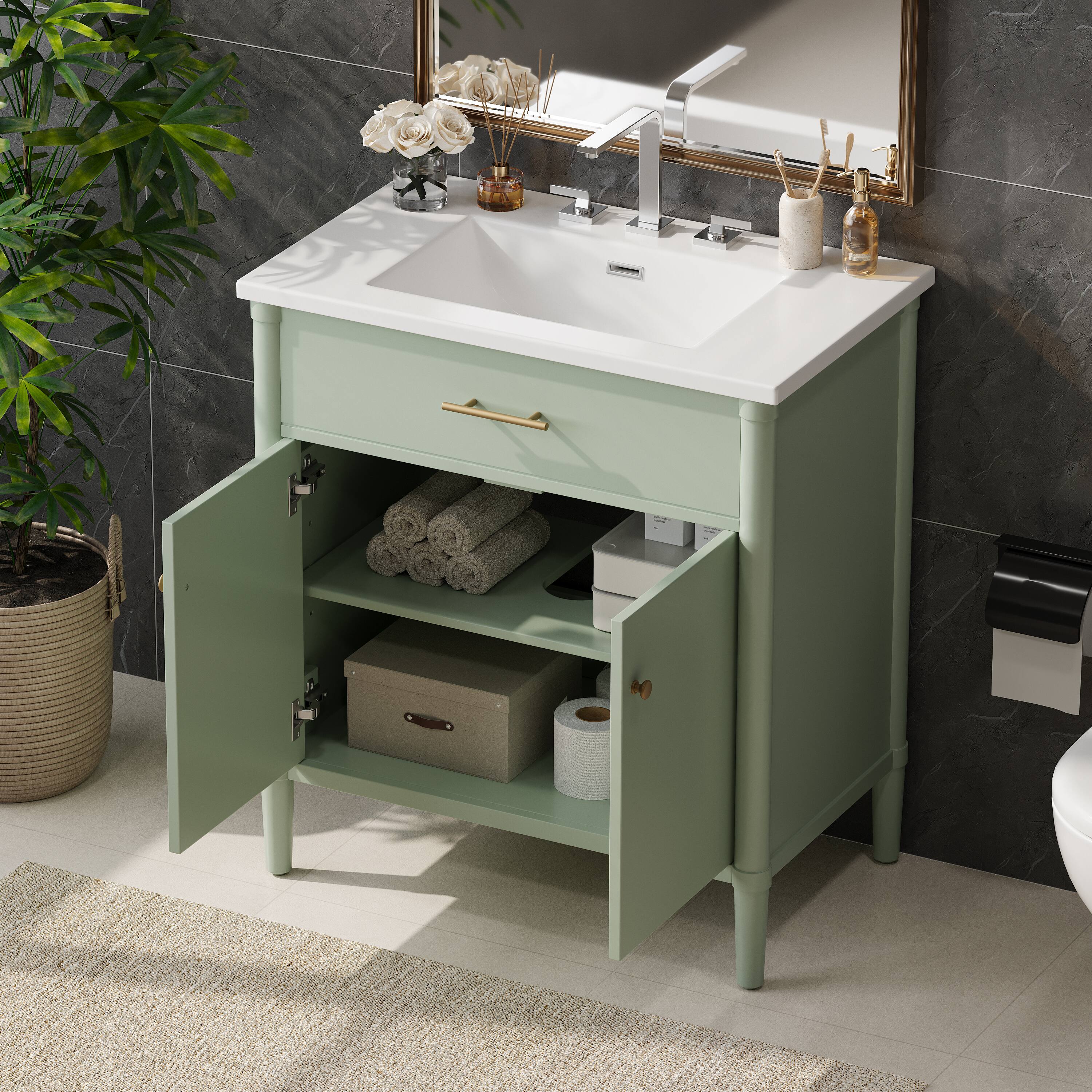 Alt View 1. Loheer - 2.6 ft Bathroom Vanity with Ceramic Sink, Soft Close Doors, Adjustable Shelf - Green.