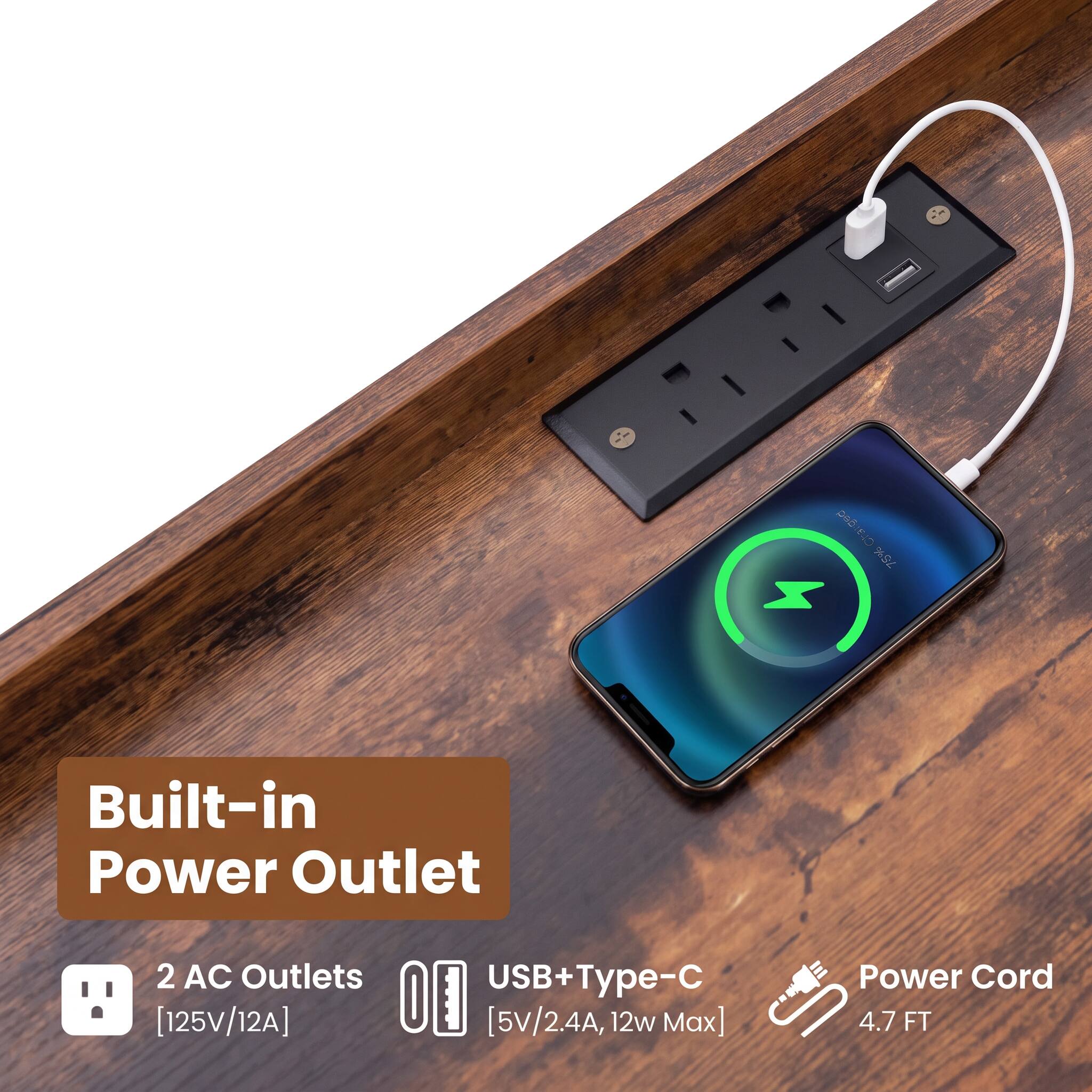 Built-in Power Outlet

2 AC Outlets [125V/12A]

USB+Type-C [5V/2.4A, 12w Max]

Power Cord 4.7 FT