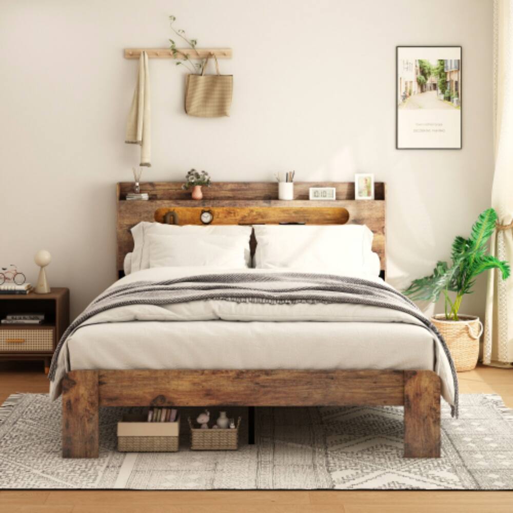 Angle. LUCKY ONE - Queen Size Wood Platform Bed Frame with Storage LED Headboard, USB Charging, Wood Slats, No Box Spring Needed - Dark Brown.