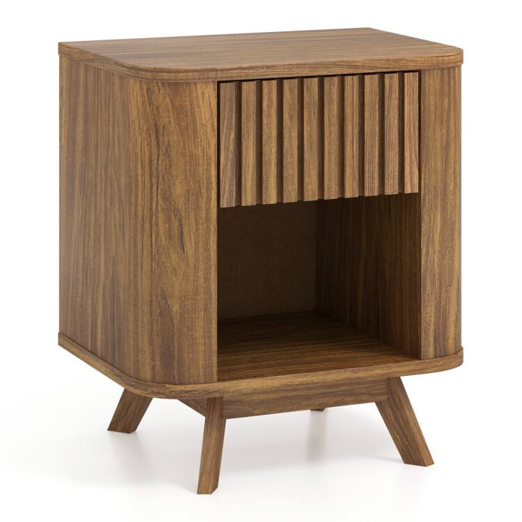 SlickBlue - Wooden Mid-Century Bedside Table with Storage Drawer and Open Shelf – Retro Nightstand - Walnut
