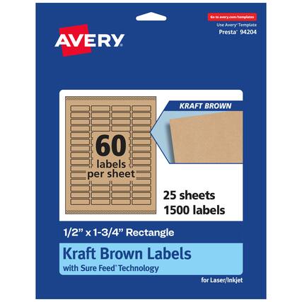Go to avery.com/templates
Use Avery Template Presta 94204
KRAFT BROWN
60 labels per sheet
25 sheets 1500 labels
1/2" x 1-3/4" Rectangle Kraft Brown Labels with Sure Feed Technology for Laser/Inkjet