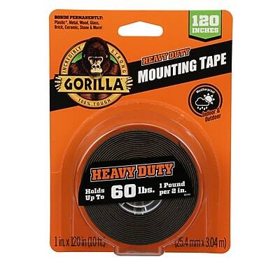 **Gorilla Heavy Duty Mounting Tape**

- **Box Dimensions:** 120 inches
- **Material:** Plastic, Metal, Wood, Brick, Ceramic, Stone & More!
- **Features:**
  - Incredible strength
  - 100% tough
  - Heavy-duty
  - Indoor & Outdoor use
- **Specifications:**
  - 1 inch x 120 inches (0.254 mm x 3.04 m)
  - 1 pound holds up to 60 lbs. per 2 inches
- **Additional Information:**
  - Holds up to 60 lbs. per 2 inches
  - 120 inches (10 feet)