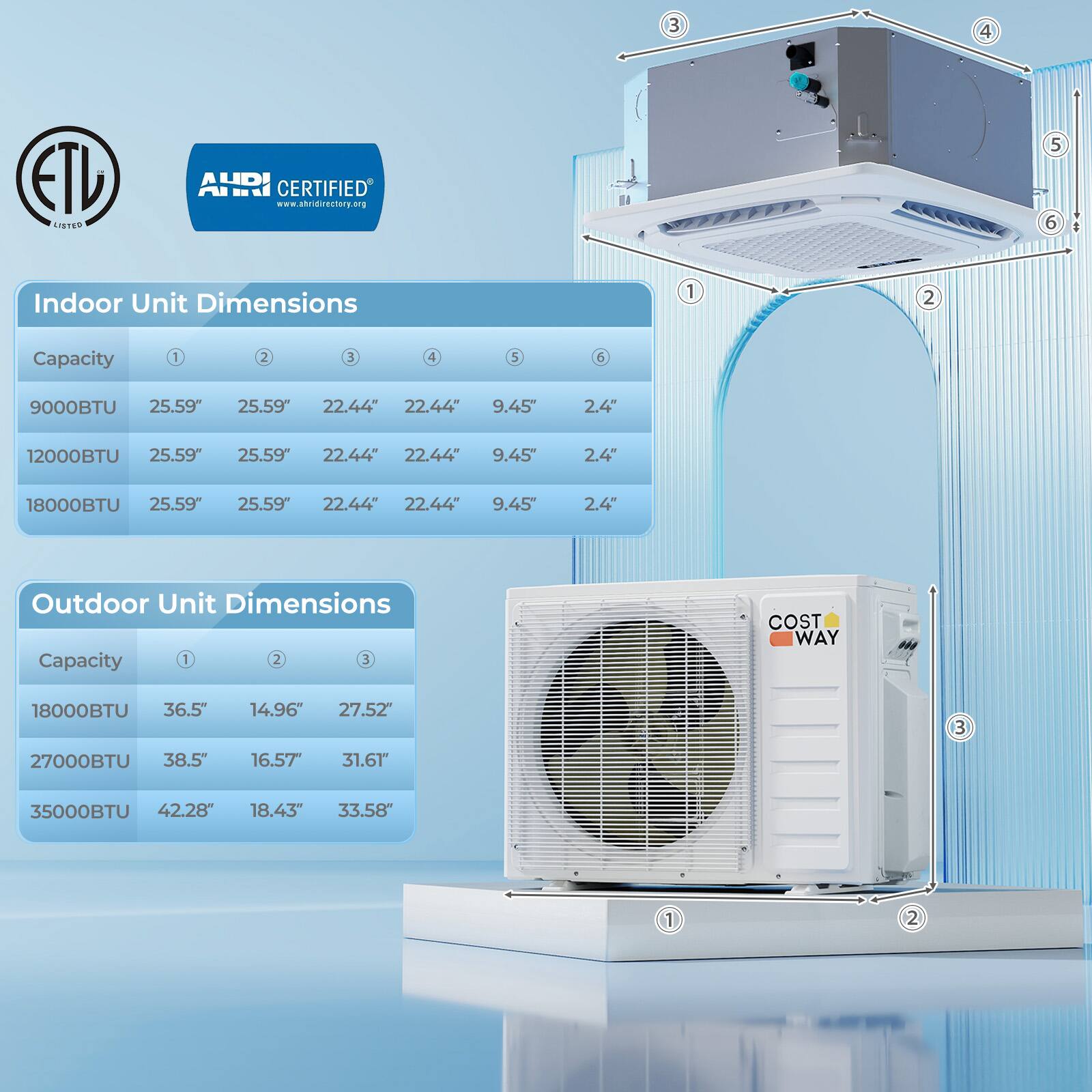 **Indoor Unit Dimensions**

- **9000BTU**
  - 1: 25.59"
  - 2: 25.59"
  - 3: 22.44"
  - 4: 22.44"
  - 5: 9.45"
  - 6: 2.4"

- **12000BTU**
  - 1: 25.59"
  - 2: 25.59"
  - 3: 22.44"
  - 4: 22.44"
  - 5: 9.45"
  - 6: 2.4"

- **18000BTU**
  - 1: 25.59"
  - 2: 25.59"
  - 3: 22.44"
  - 4: 22.44"
  - 5: 9.45"
  - 6: 2.4"

**Outdoor Unit Dimensions**

- **18000BTU