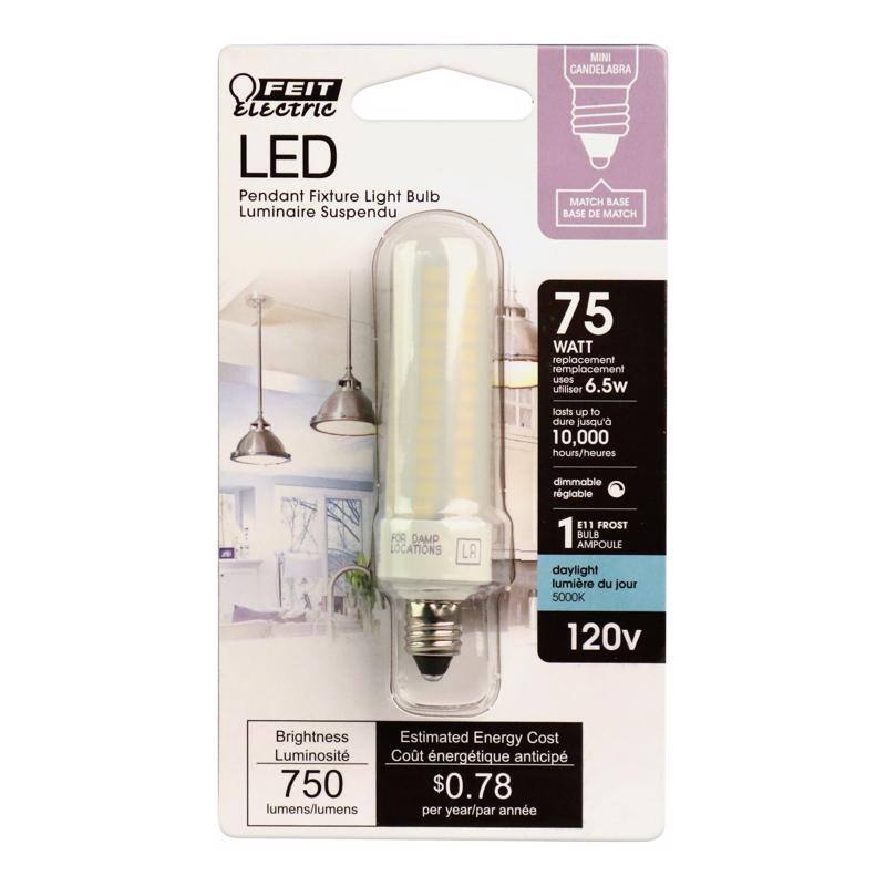 FEIT Electric LED Pendant Fixture Light Bulb
Luminaire Suspendu
MINI CANDELIERA
MATCH BASE
BASE DE MATCH
75 WATT
Replacement
utiliser 6.5W
lasts up to 10,000 hours
dure jusqu'à 10,000 heures
FOR DAMP LOCATIONS
LA
dimmable
régulable
1 BULB
1 AMPOULE
daylight
lumière du jour
5000K
120V
Brightness
Luminosité
750 lumens/lumens
Estimated Energy Cost
Cout énergétique anticipé
$0.78 per year/par année
811 FROST
