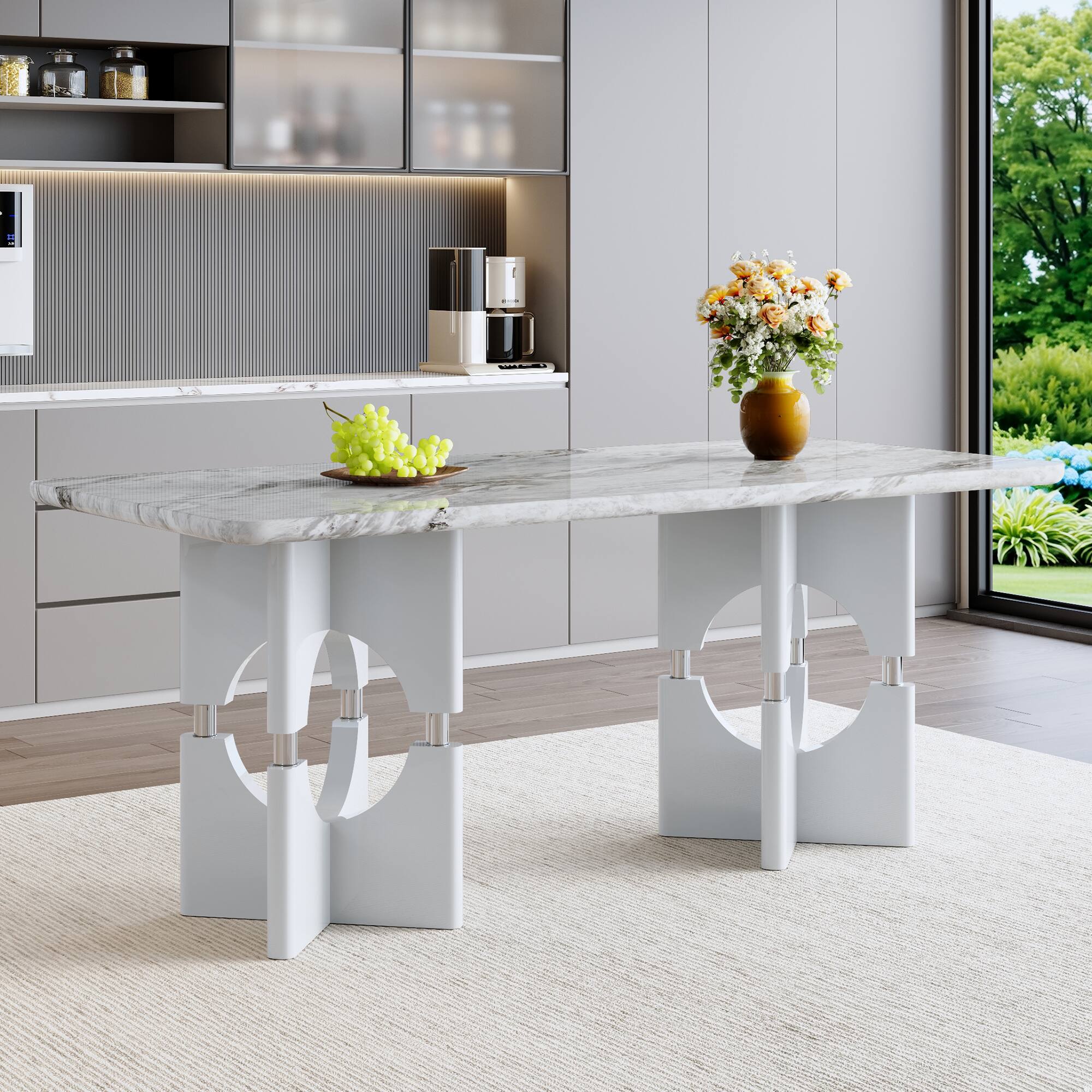 Left. Loheer - Loheer- 5.9ft Modern Gray Faux Marble Dining Table Sleek Hollow Frame Kitchen Table for Small Apartment - Gray.