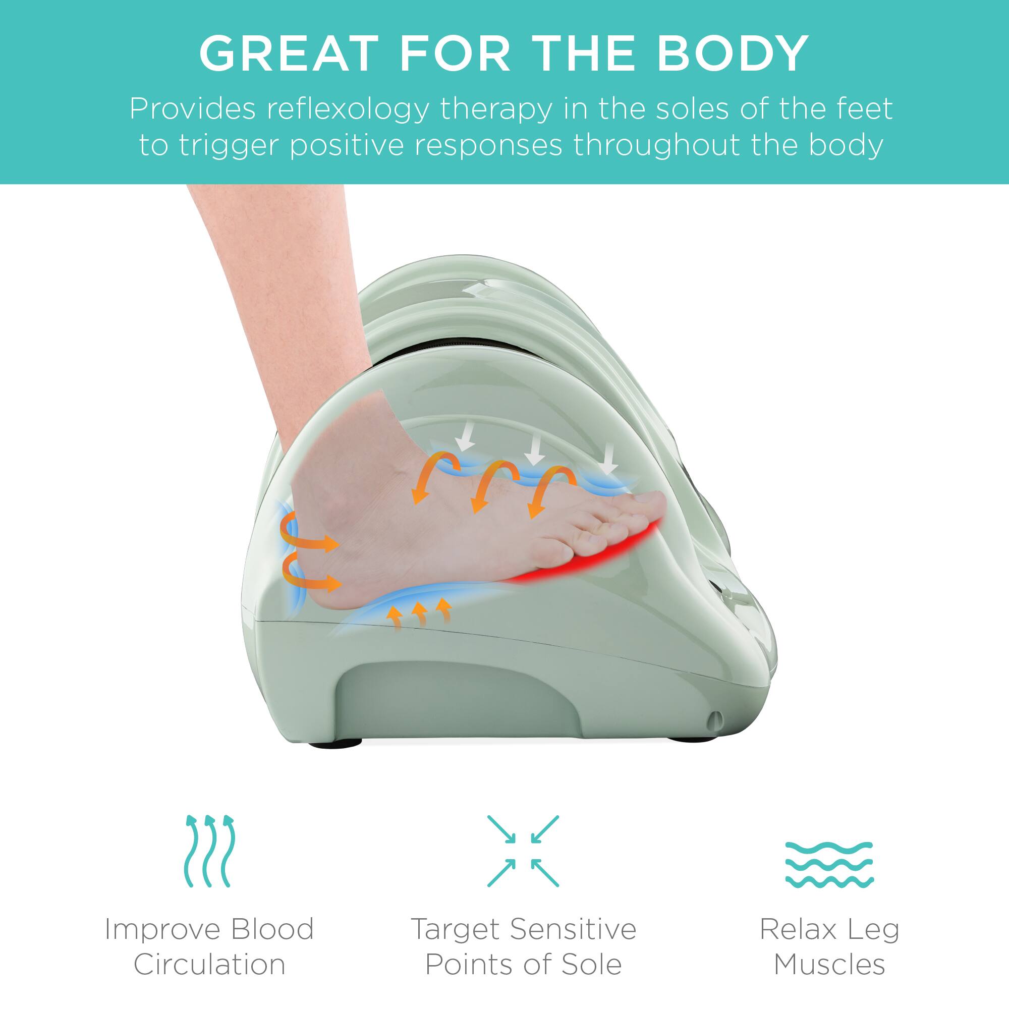 GREAT FOR THE BODY

Provides reflexology therapy in the soles of the feet to trigger positive responses throughout the body.

- Improve Blood Circulation
- Target Sensitive Points of Sole
- Relax Leg Muscles