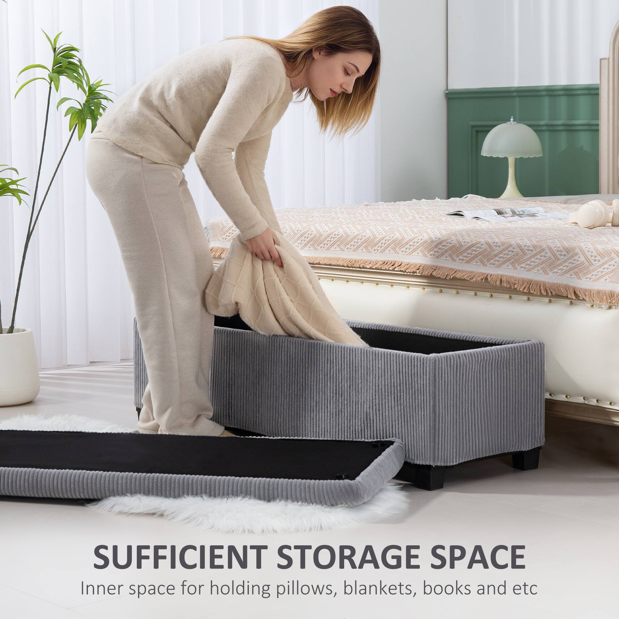 SUFFICIENT STORAGE SPACE
Inner space for holding pillows, blankets, books and etc.