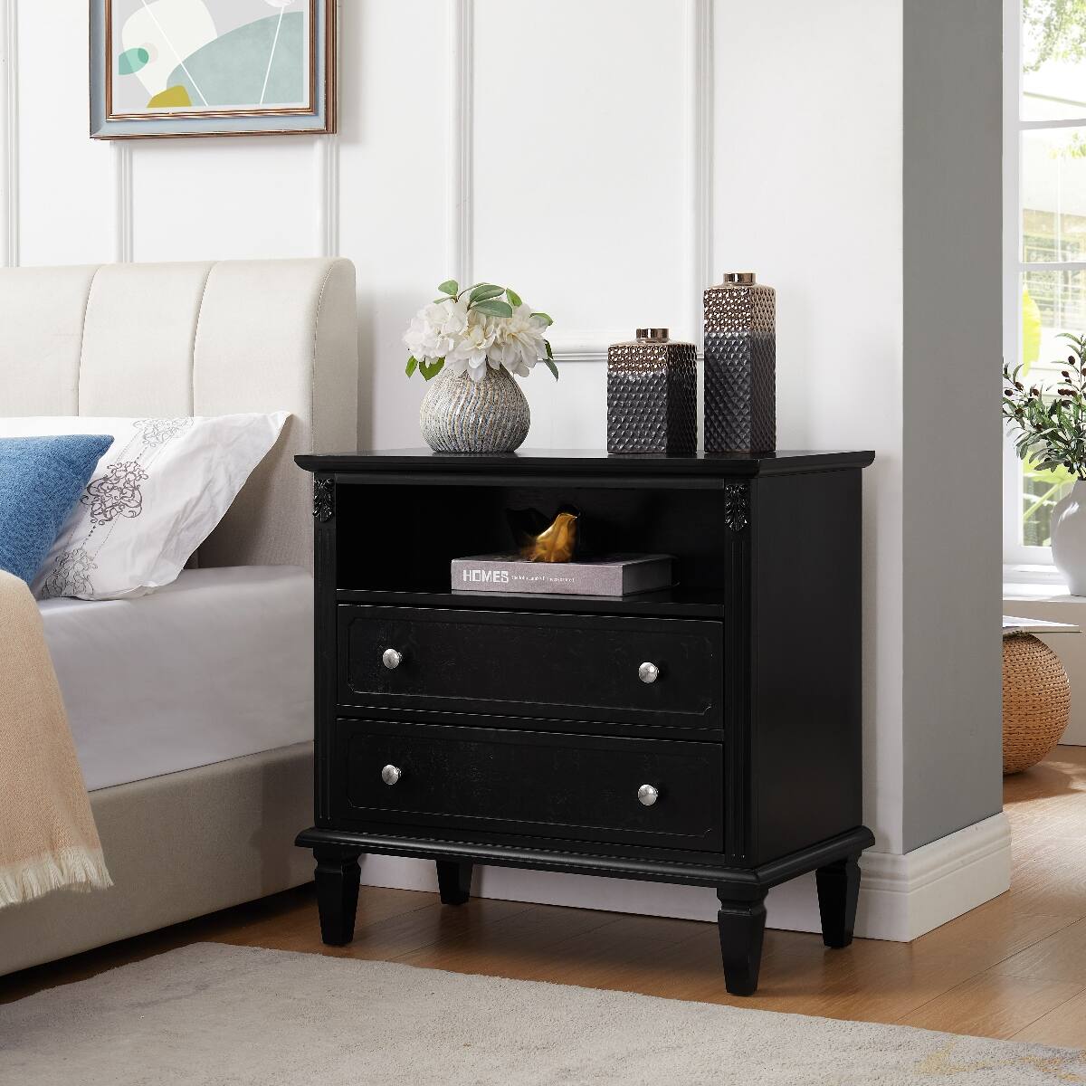 Alt View 1. Loheer - Loheer Black Nightstand With Charging Station, Two Drawers and Open Shelf - Black.