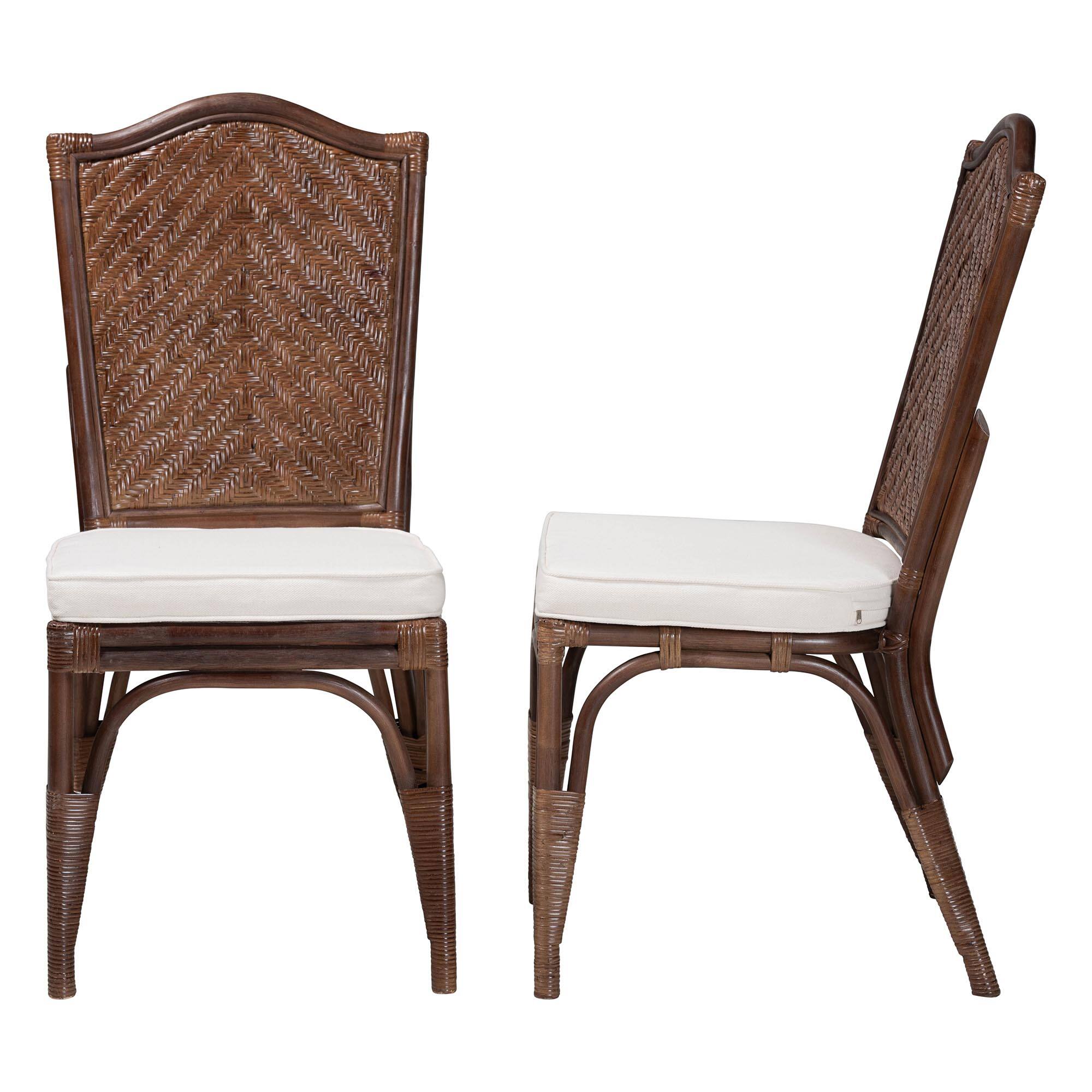 Left. bali & pari - Mahdis Natural Rattan 2-Piece Dining Chair Set with Cushion - Handwoven Wicker Accent Chair with Woven Chevron Back - Coffee Bean.