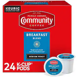 Community Coffee - Breakfast Blend Coffee Keurig K-Cup Pods, Medium Roast, 24/Box