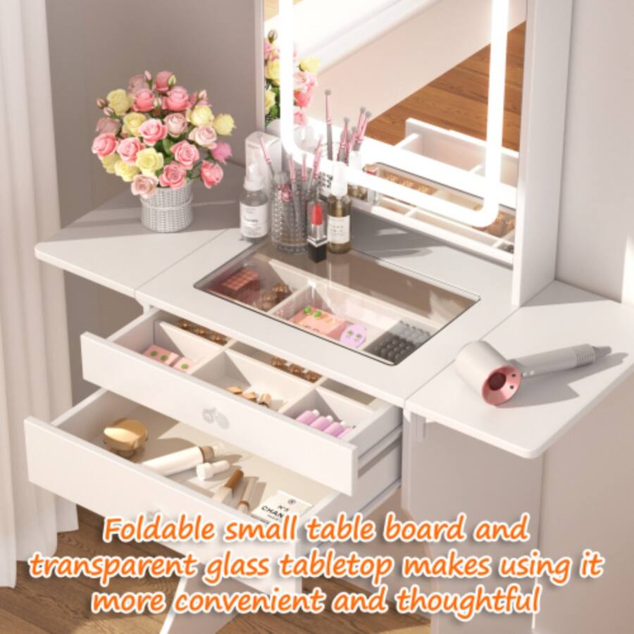 Led Set Design LUCKY ONE 20cm Foldable Vanity Set with Stool, LED Mirror and Drawers ...