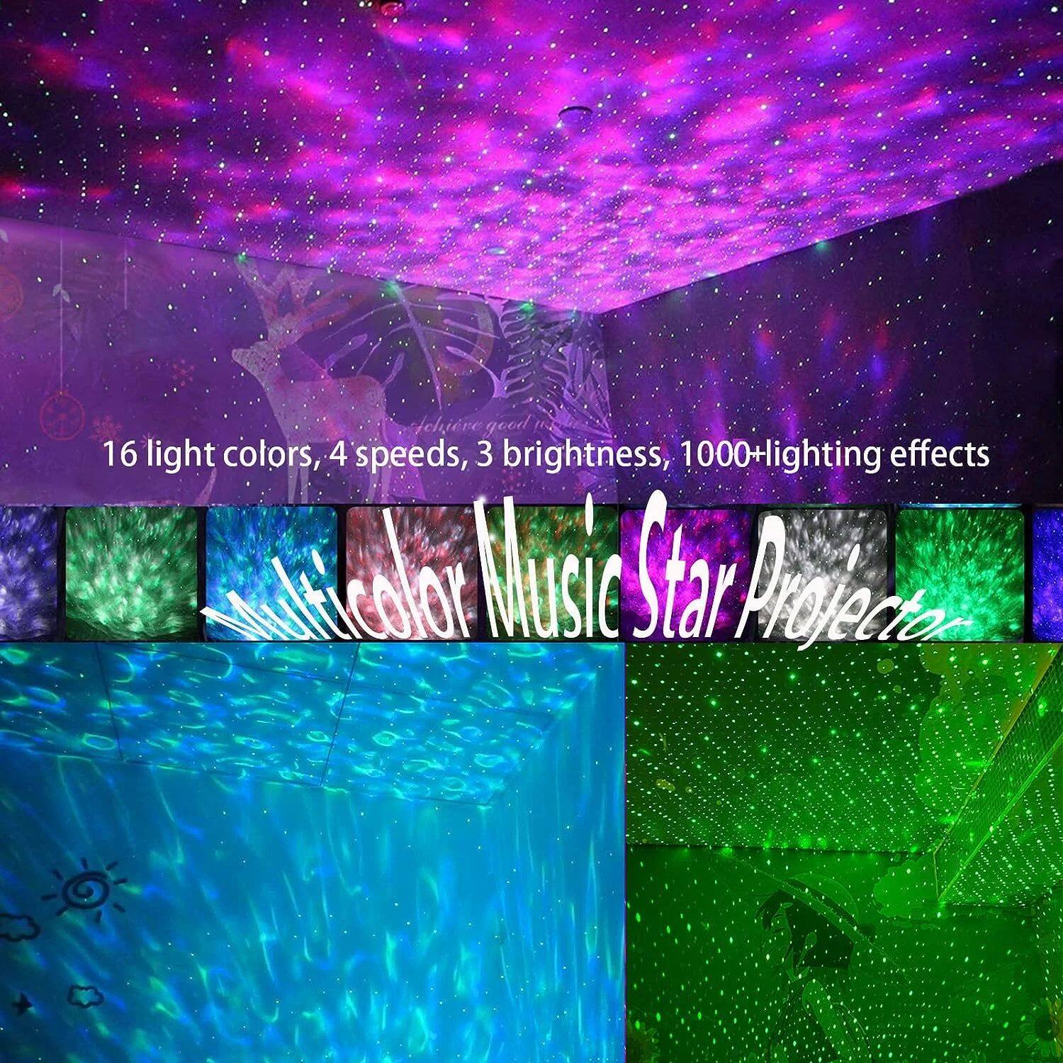 16 light colors, 4 speeds, 3 brightness, 1000+ lighting effects  
Multicolor Music Star Projector