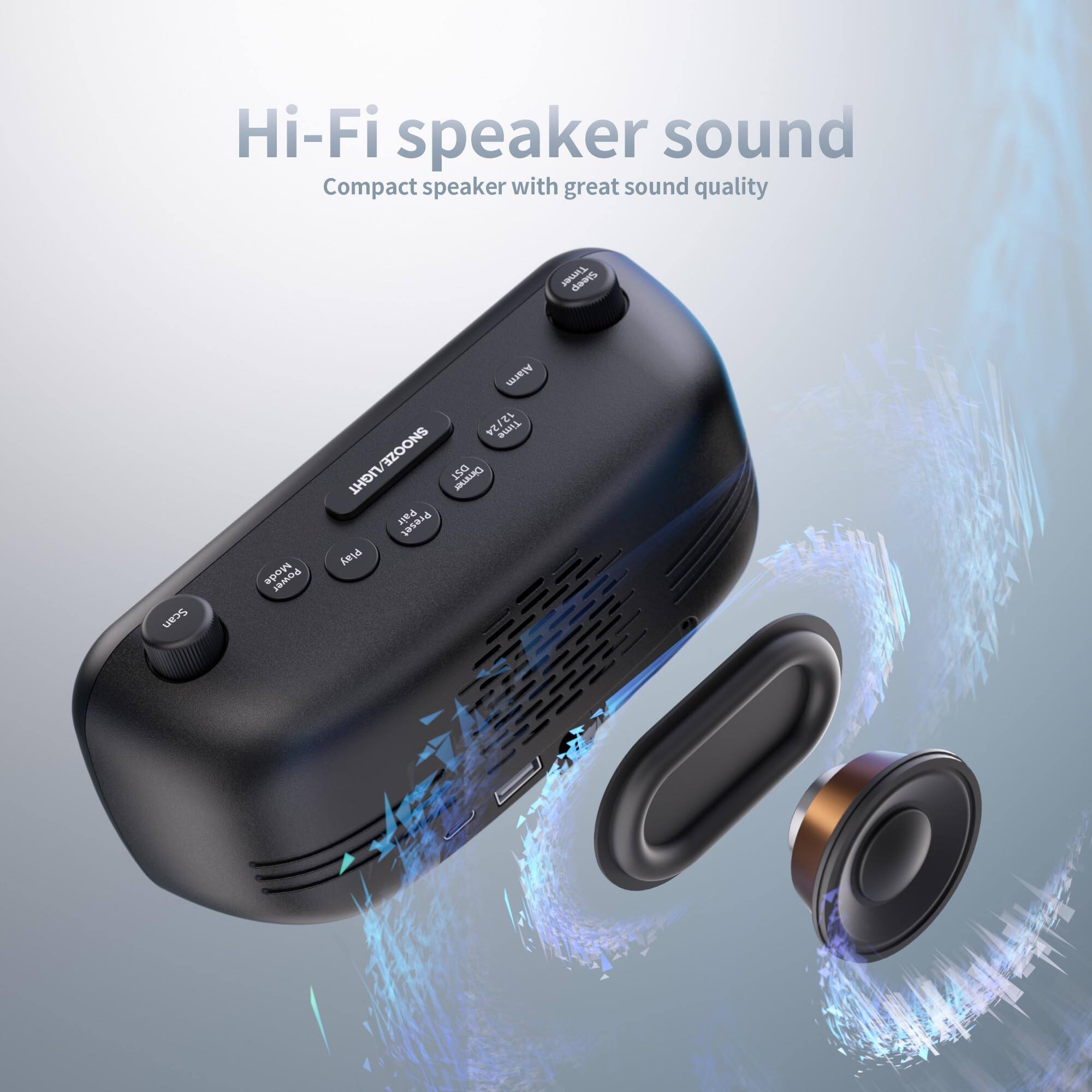 Hi-Fi speaker sound  
Compact speaker with great sound quality  
Timer Sleep 5  
Power  
M 12 VE  
Time SNOOZE/LIGHT  
1SG Dimmer  
Pain Preset  
AJRA