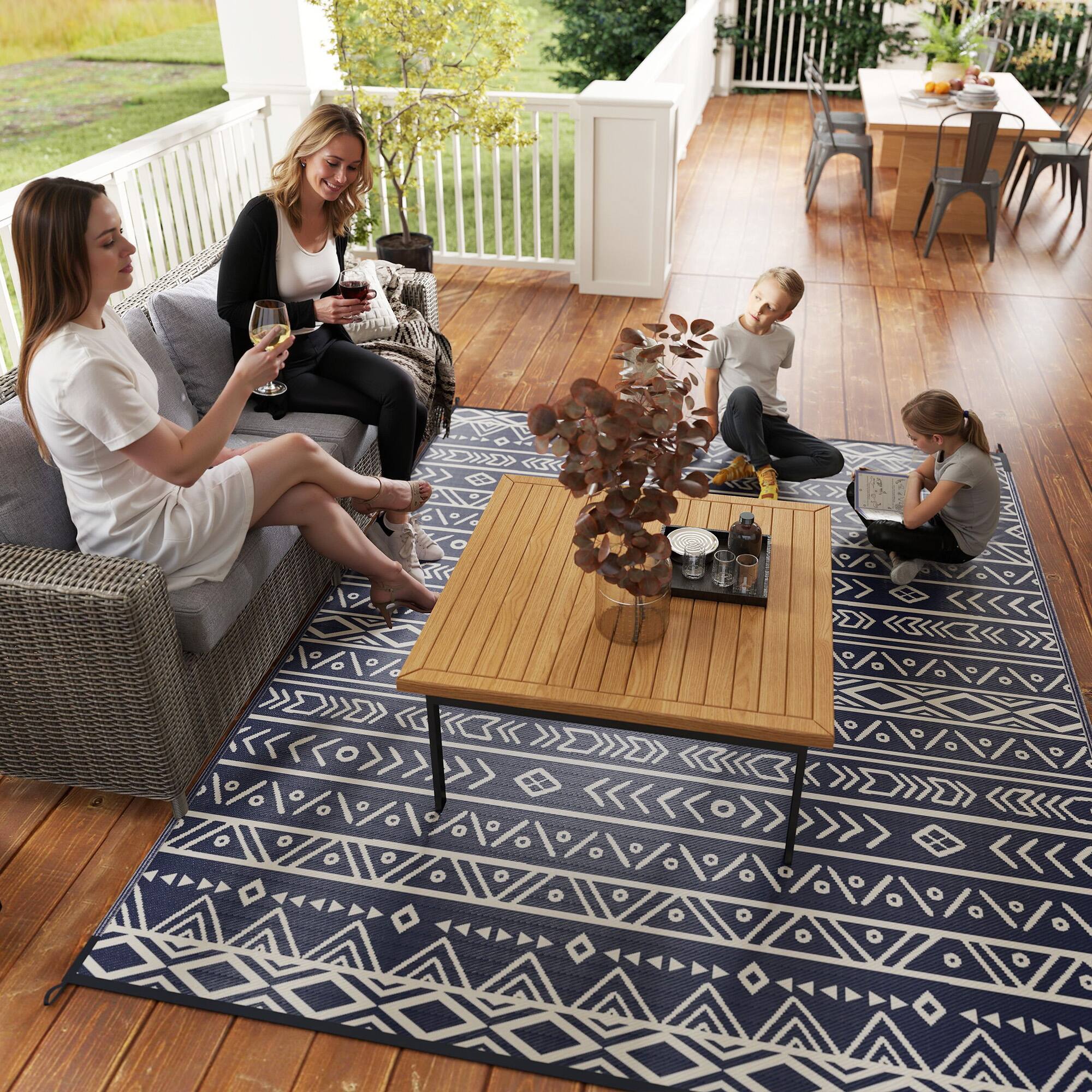 Alt View 8. Outsunny - Outdoor Rug for Patio, 8' x 10' Waterproof Large Mat, Reversible Plastic Straw Rug for Décor - Blue and White Geometric.