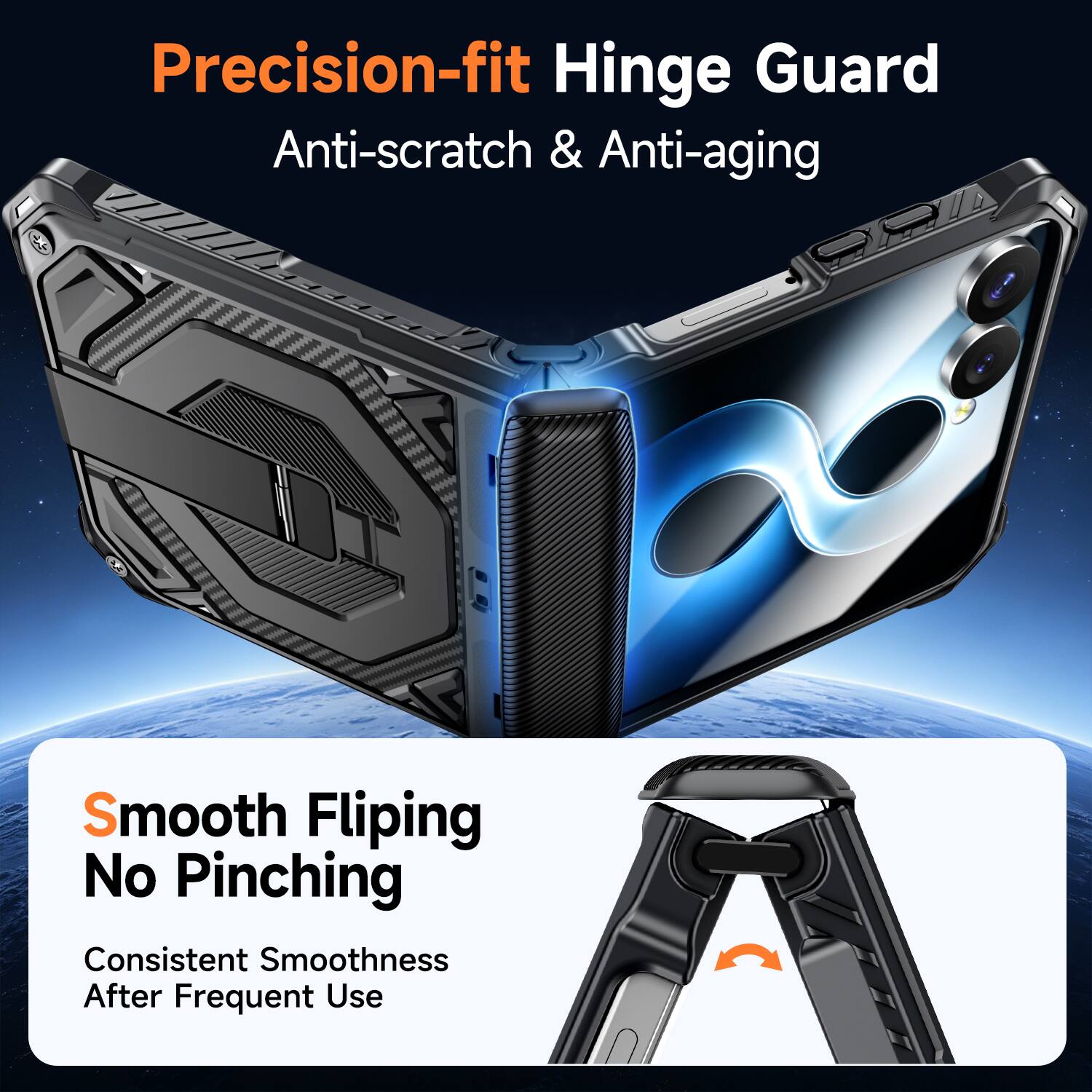 Precision-fit Hinge Guard  
Anti-scratch & Anti-aging  

Smooth Flipping  
No Pinching  
Consistent Smoothness After Frequent Use