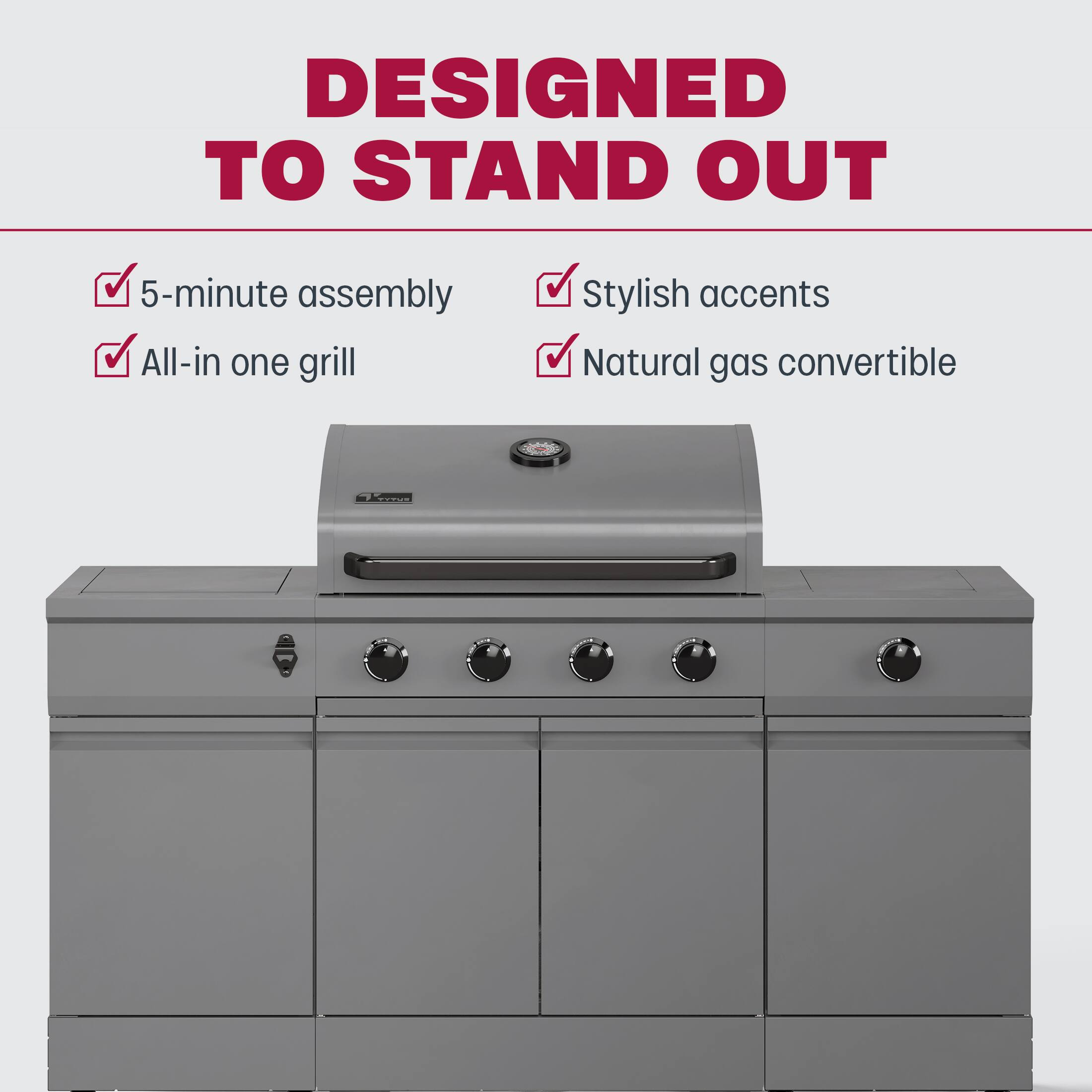 Designed to stand out, this grill features a 5-minute assembly, all-in-one grill functionality, stylish accents, and the option to convert to natural gas.