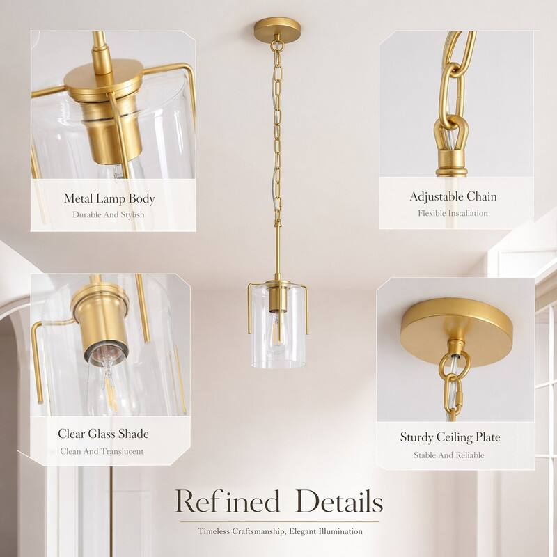 Metal Lamp Body Durable And Stylish  
Adjustable Chain Flexible Installation  
Clear Glass Shade Clean And Translucent  
Sturdy Ceiling Plate Stable And Reliable  
Refined Details Timeless Craftsmanship, Elegant Illumination