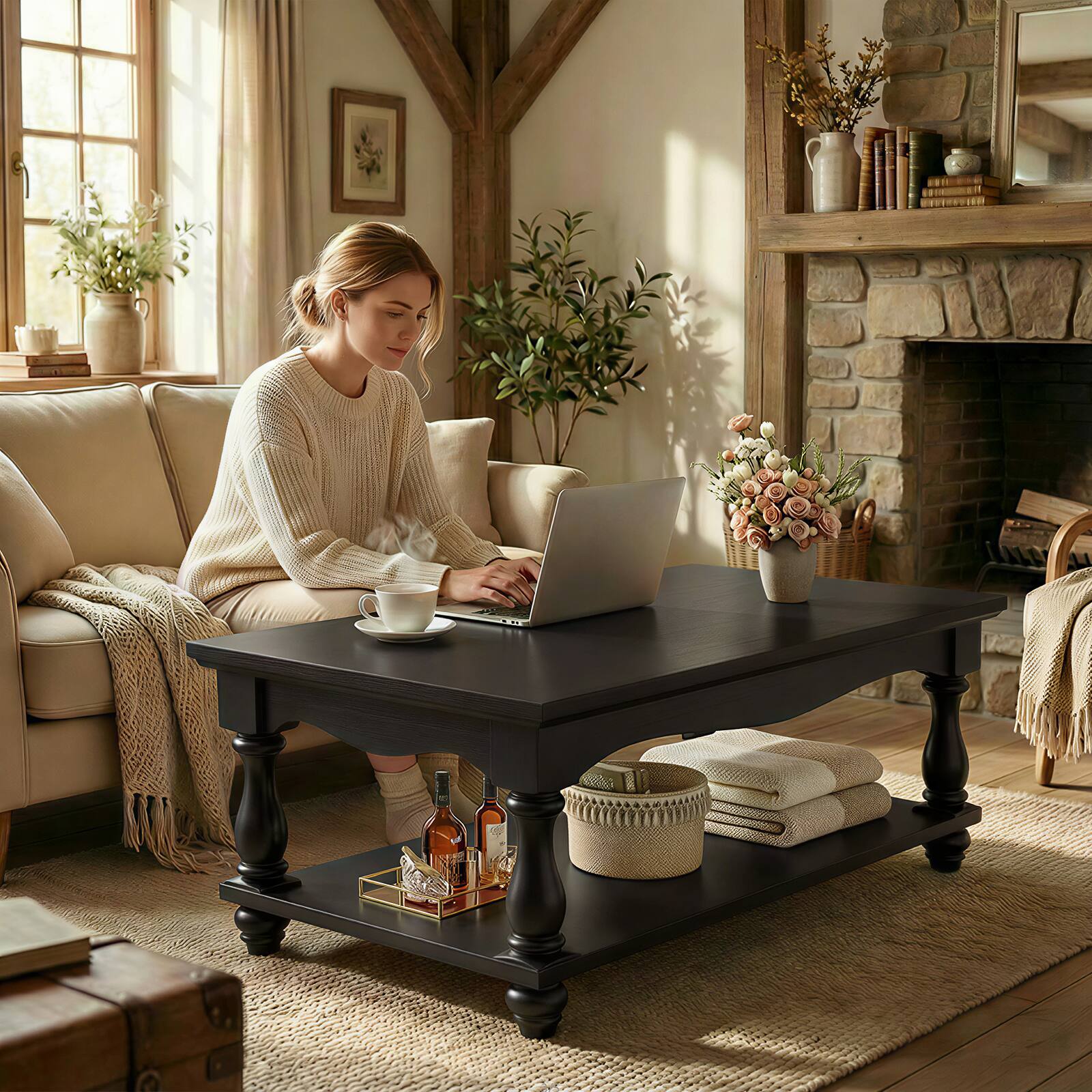 Alt View 1. Aheaplus - Wooden Coffee Table - 2-Tier Farmhouse Coffee Table with Storage for Living Room - Black.