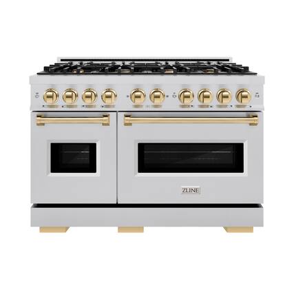 Front. ZLINE - 48 in. Wide 8 Burner Autograph Classic Double Oven Dual Fuel Range w/ Polished Gold Accents (CDRZ-48-G) - Stainless Steel.