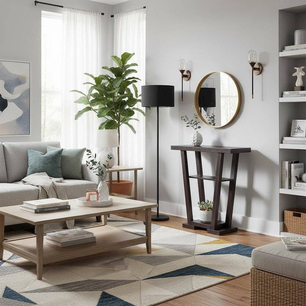 Left. FurniFact - Console Table, Brown Woodgrain - Brown.