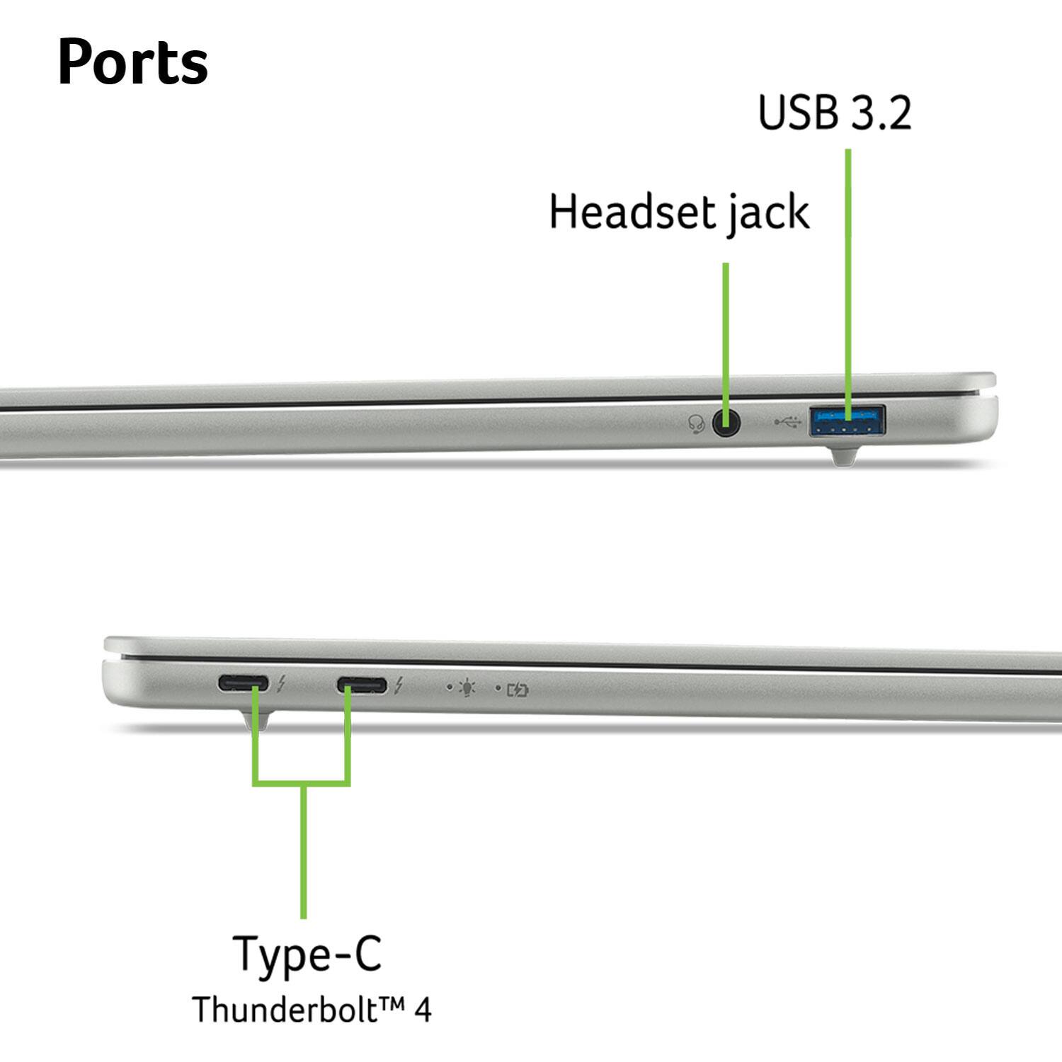 Ports

- USB 3.2
- Headset jack
- Type-C Thunderbolt 4