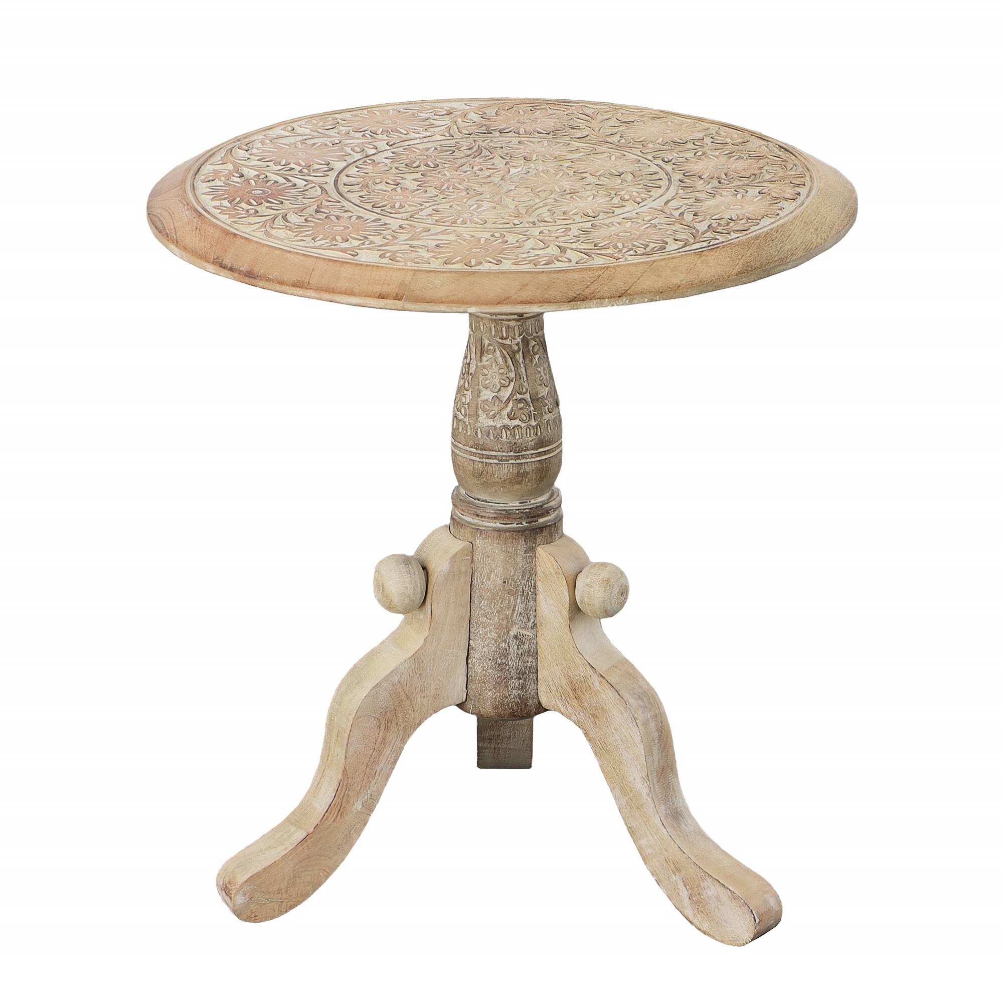 Alt View 1. Manhattan Lane - Intricately Carved Round Top Mango Wood Side End Table with Pedestal Base - Brown and White.